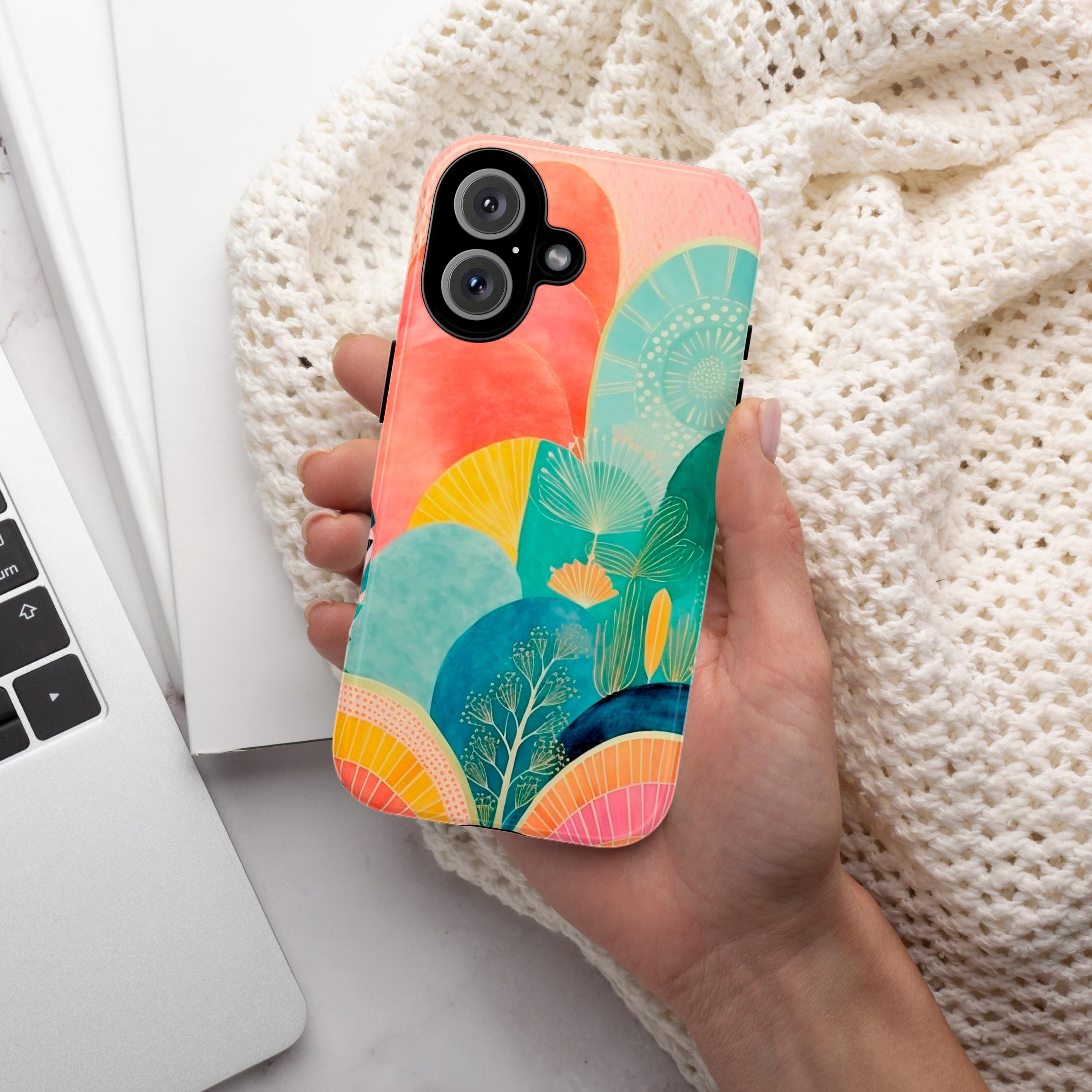 Boho Abstract Landscape Phone Case, Aesthetic Watercolor Phone, Painting Art Cover for iPhone 15 14 13 12 11 Pro Max Plus / Galaxy S25, 135