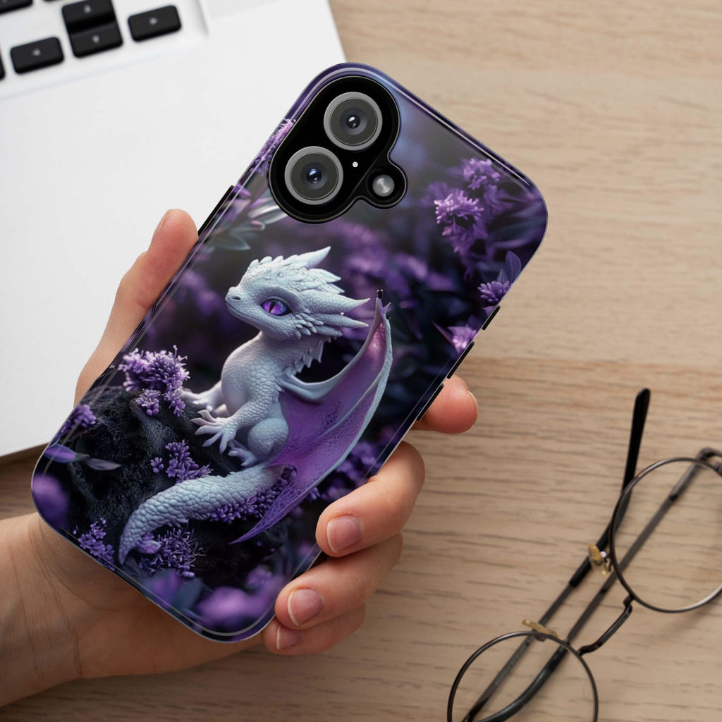Cute 3D effect Baby Dragon Purple Floral Phone Case | White Baby Dragon Phone Cover for iPhone 16, 15, 14, 13 Tough or Magsafe, 421.9