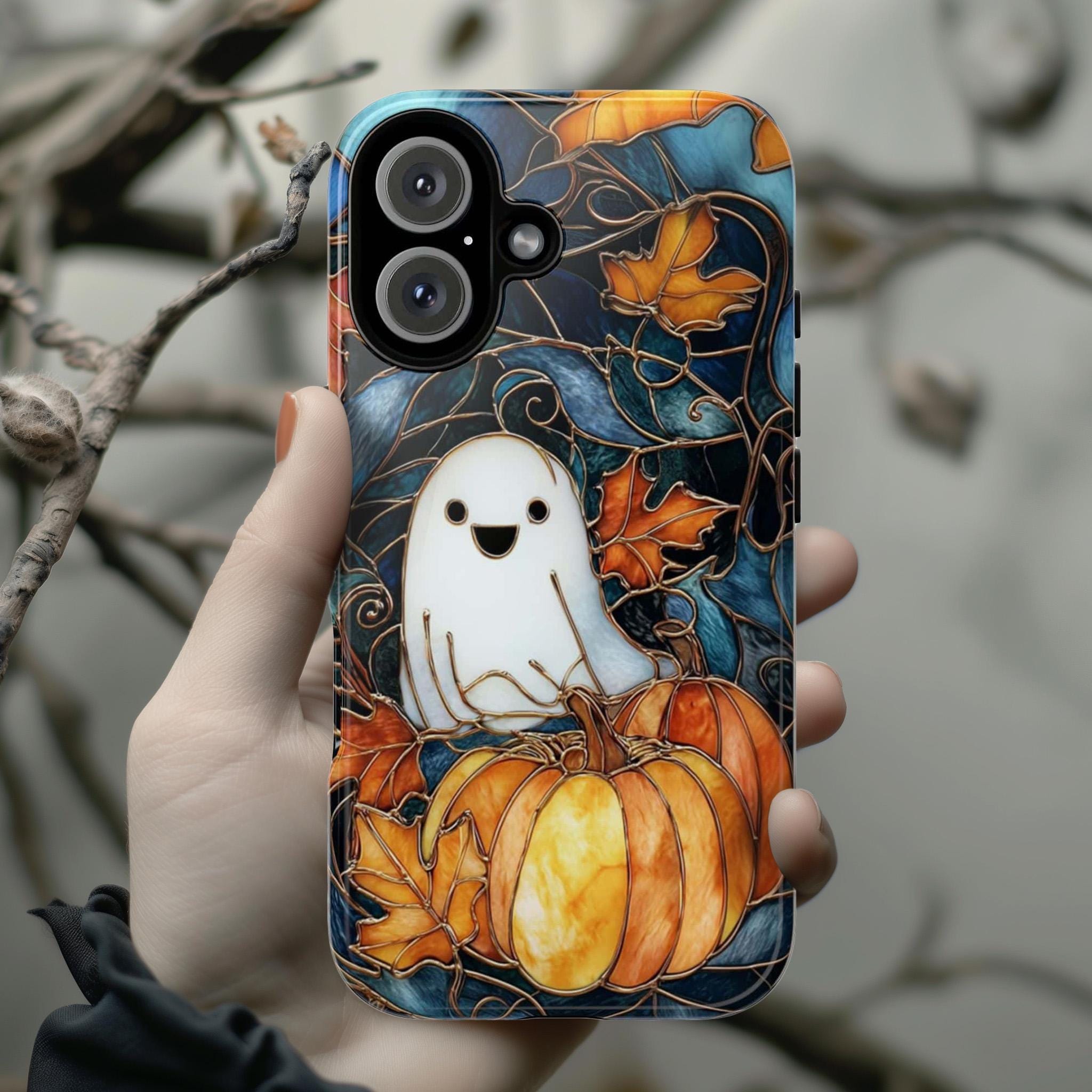 Cute Ghost Halloween Phone Case with Pumpkins | Autumn Leaves Stained Glass Style Cover for iPhone 17 16 Tough or Magsafe, Samsung, 475.26