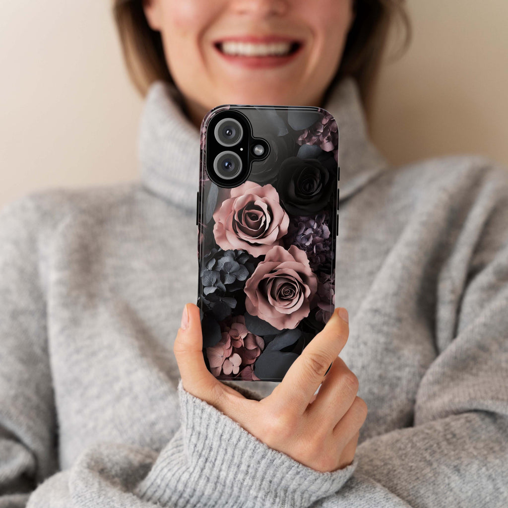 Dark Floral Phone Case, Pink and Black Rose Flowers Case, Gothic Dark Academia for iPhone Magsafe 16, 15, 14, 13 & Samsung, Pixel 9, 428.18