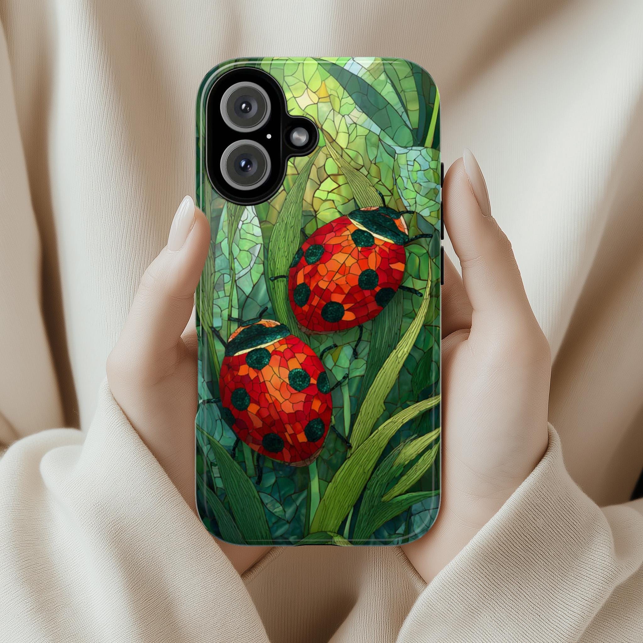 Stained Glass Ladybugs & Plants Phone Case, Artistic Nature Cover, Garden Design for iPhone 16 15 14 13 Tough or Magsafe, Samsung, 478.1