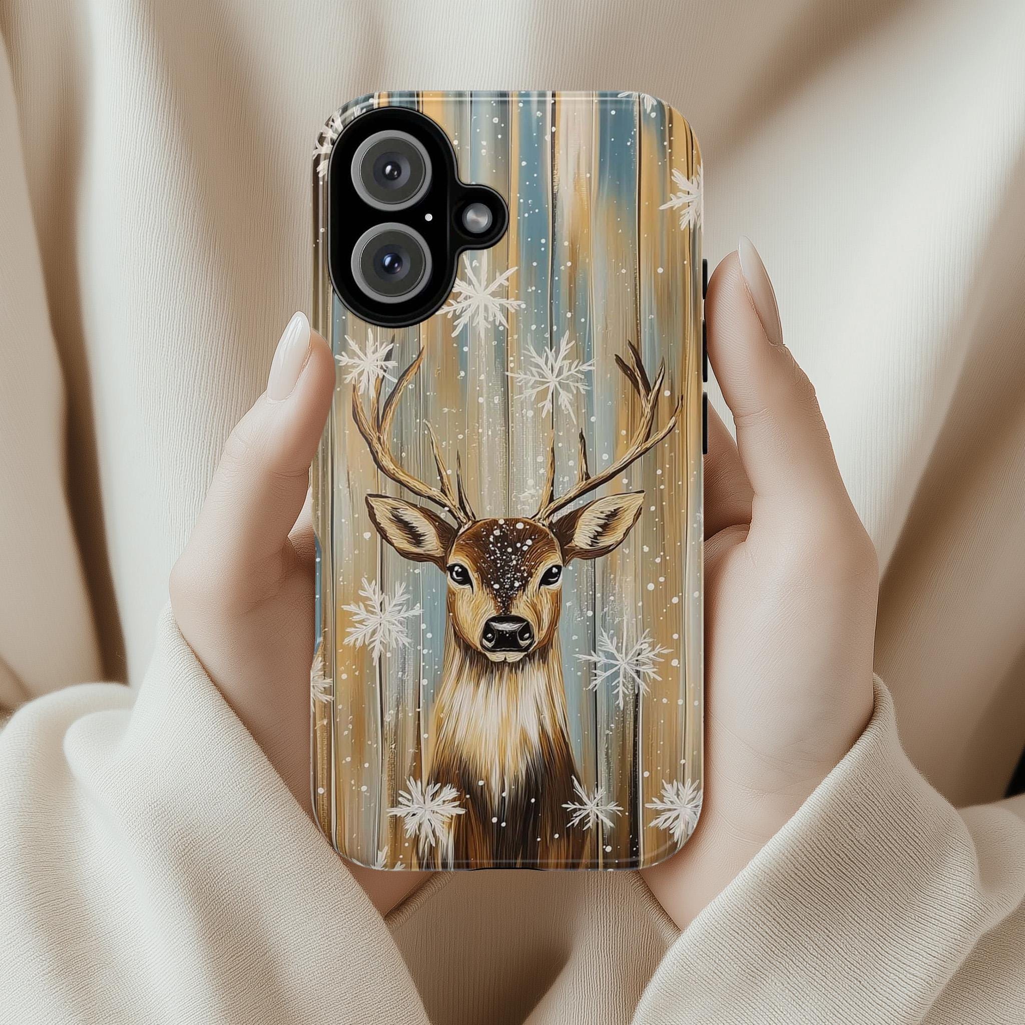 Christmas Reindeer Phone Case | Snowy Golden White Holiday Design, Xmas Cover for iPhone 17 16 15 Tough or Magsafe, Samsung, 440.7