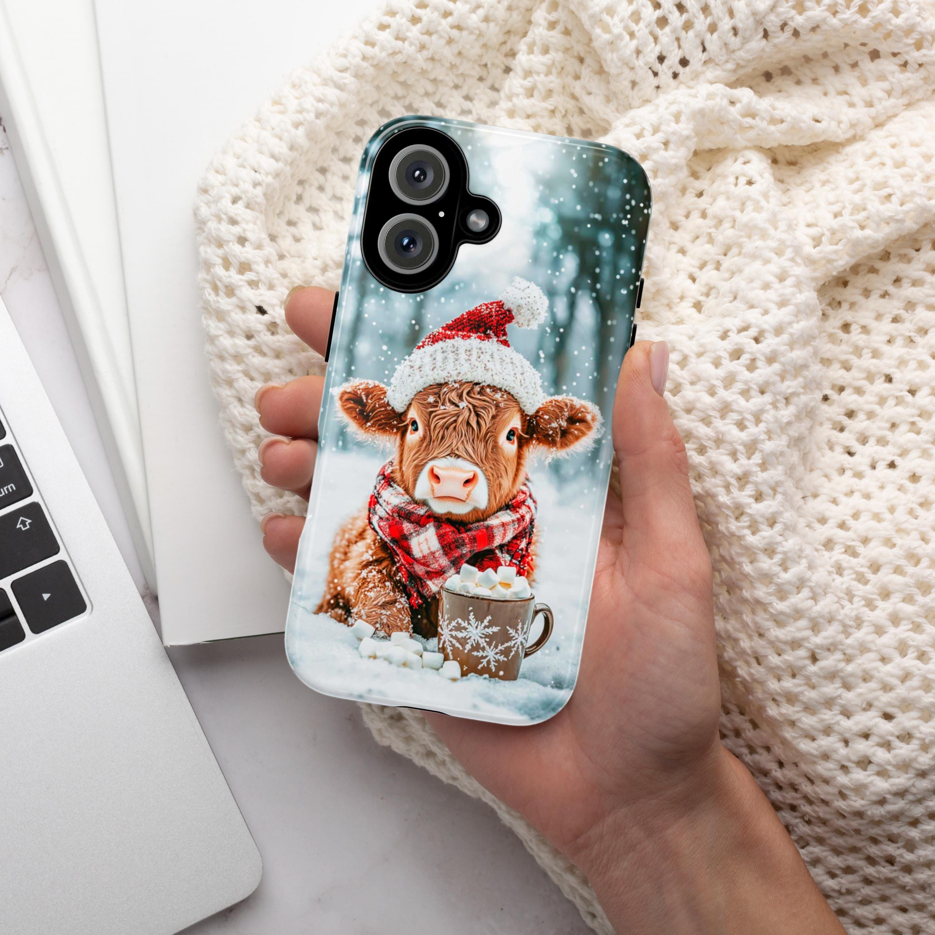 Christmas Highland Cow & Winter Forest Phone Case, Festive Xmas Hot Chocolate Marshmellow iPhone 16 15 14 13 Pro Max, Samsung S24, 440.4