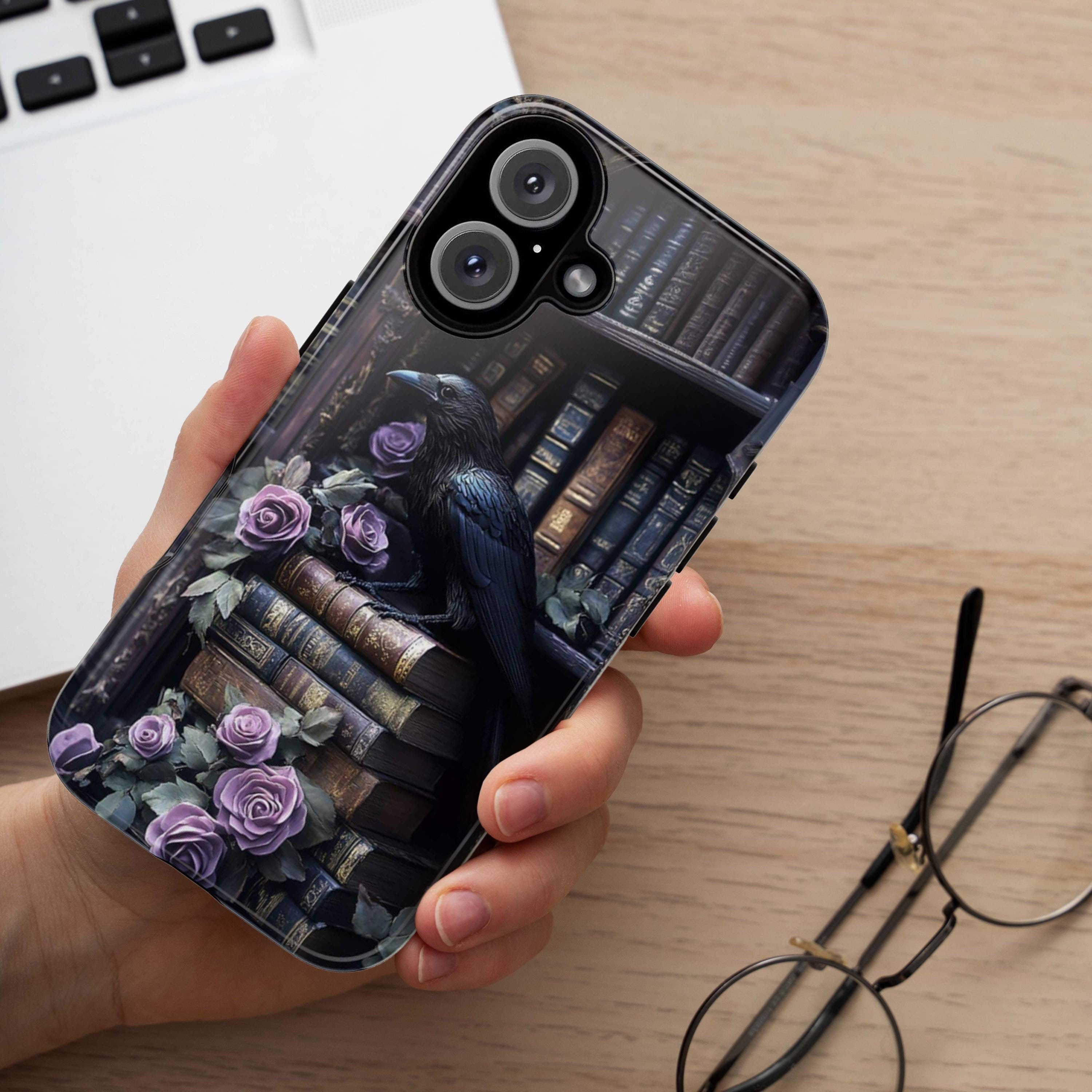 Black Crow with Autumn Bookshelf and Flowers Phone Case, Gothic Dark Academia, Mystical Cat and Floral Art for iPhone 16, Samsung, 423.8
