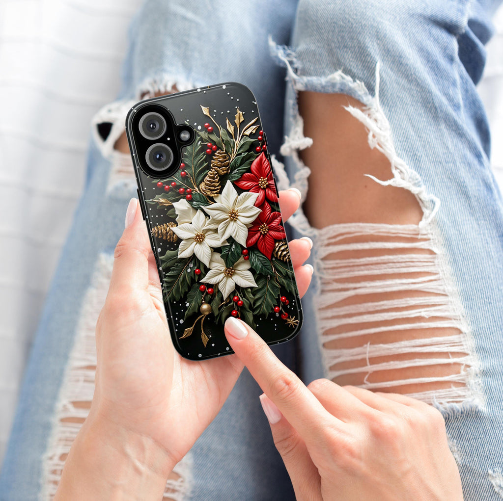 Poinsettia Floral Christmas Phone Case | Festive Red & White Floral 3D effect MagSafe for iPhone 16 15 14 13 Pro Max, Samsung S25, 433.11