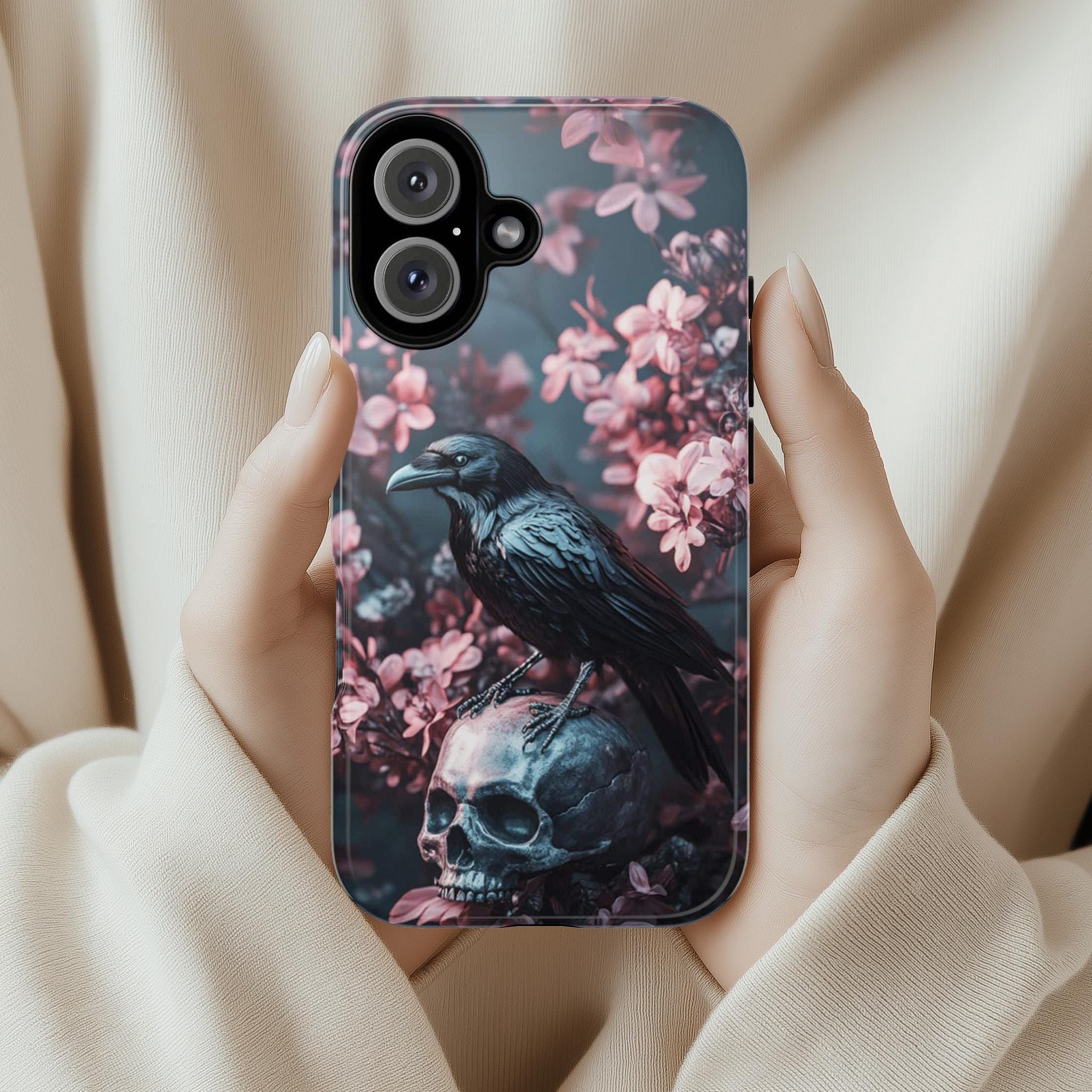 Dark Gothic Raven and Skull Phone Case, Pink Floral Design Phone Case for iPhone 16,15 Magsafe, Samsung Galaxy S25, Pixel 9, 422.11