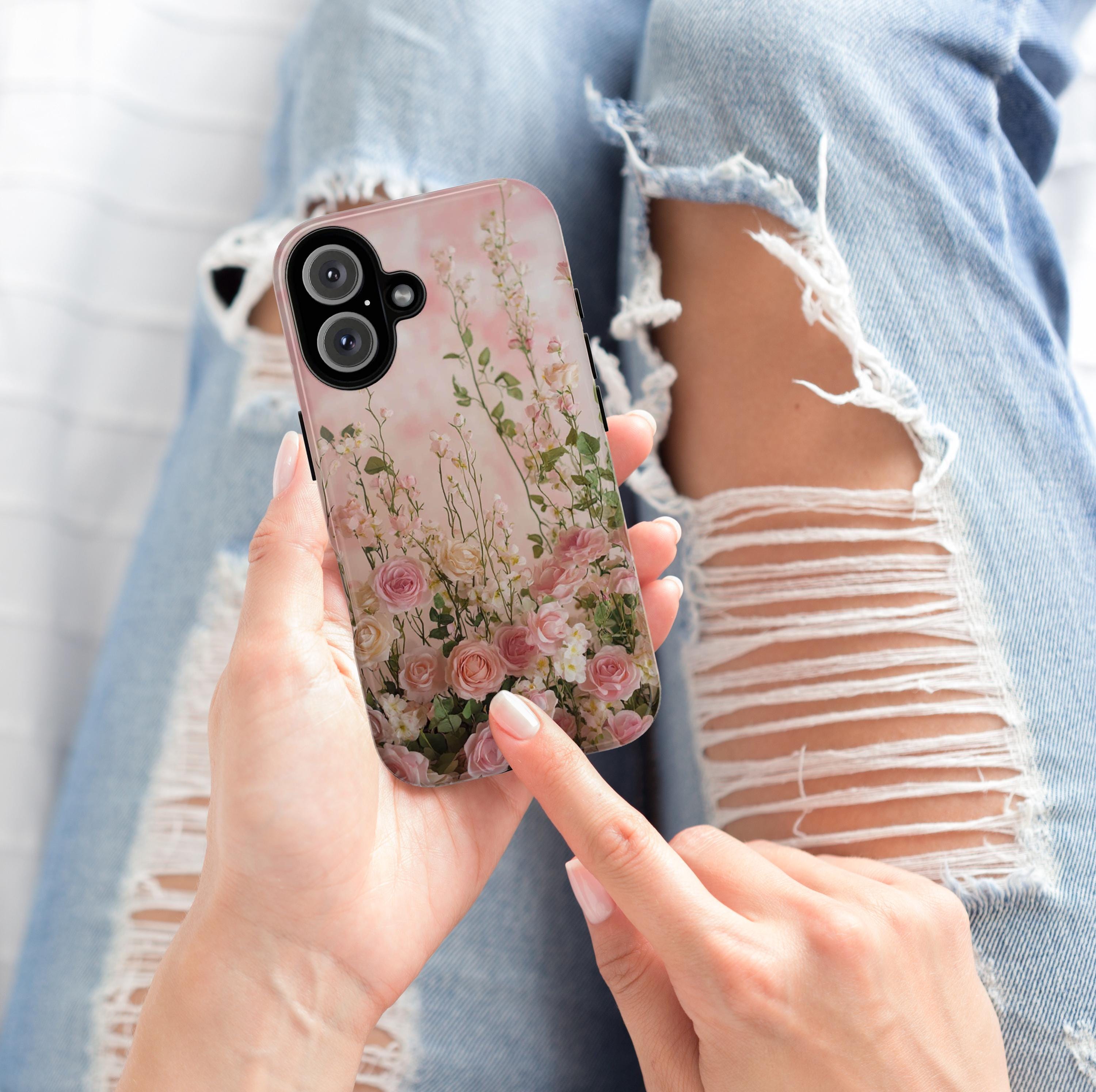 Pink Floral Art Phone Case, Roses Blossom Design Floral Case iPhone 16 15 14 13 Pro Max Plus Magsafe, Samsung S25 S24, 428.22