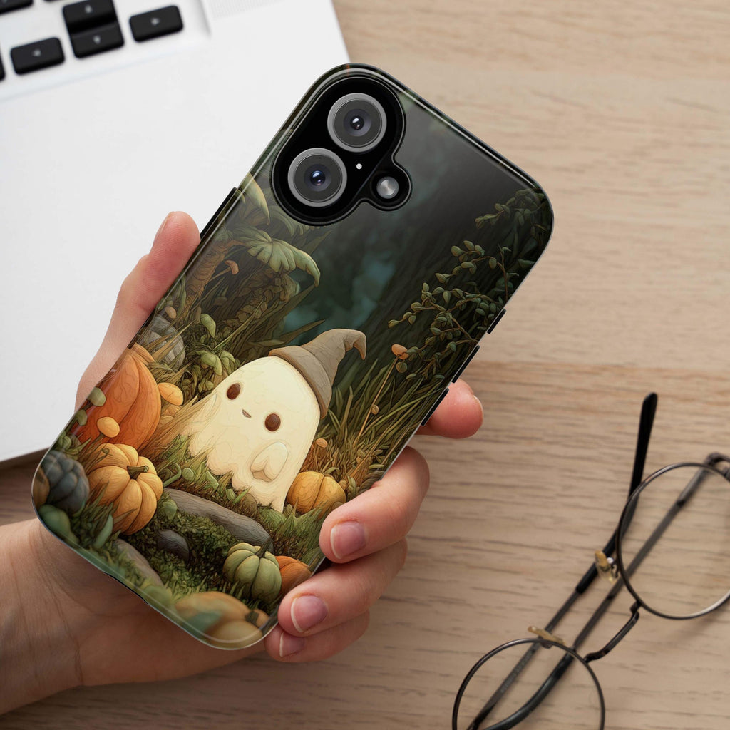 Fall Ghost Phone Case, Pumpkins & Forest Cover, Autumn Halloween Spooky Vibes for iPhone 16 15 14 Tough or Magsafe, Samsung, 475.12