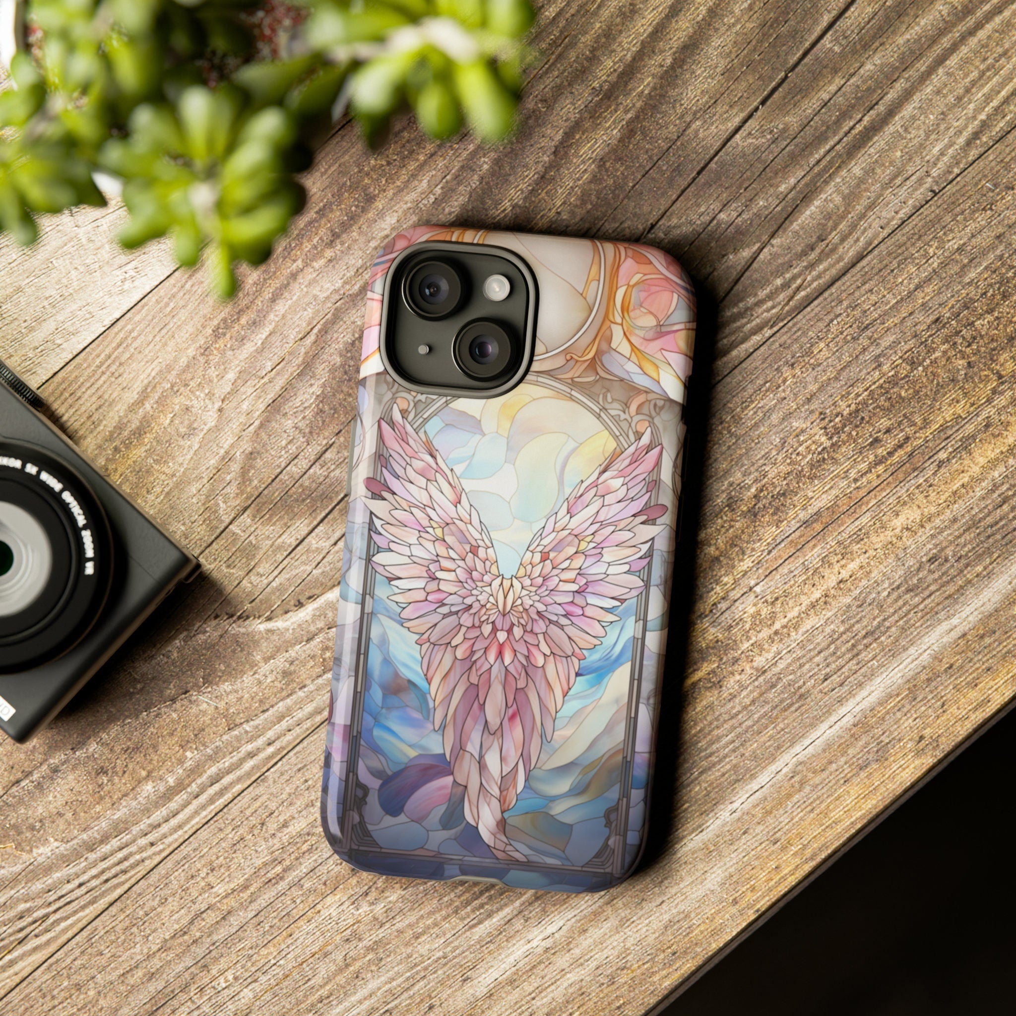 Stained Glass Angel Wings Phone Case, Aesthetic Phone Cover for iPhone 16 15 14 13 Magsafe, Pro Max Plus Samsung Galaxy S25, 358
