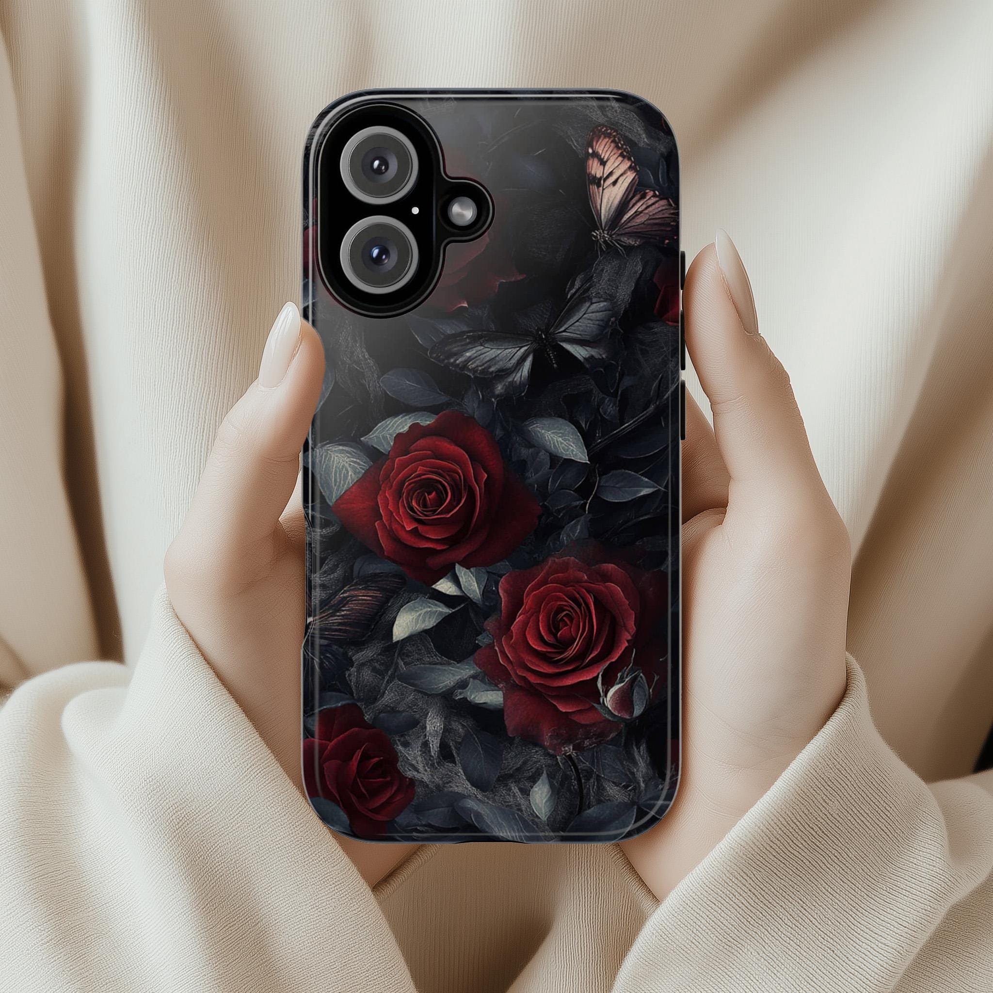 Dark Floral Red Rose Phone Case, Gothic Dark Academia Phone Case, Artistic Protective Phone Cover for iPhone Magsafe, Samsung, 422.4