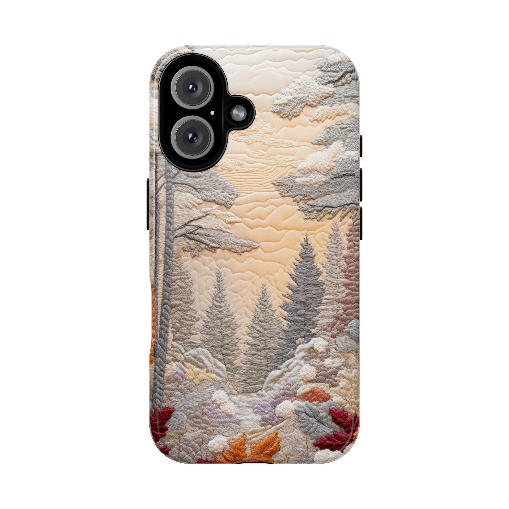 Winter Landscape Patchwork MagSafe Phone Case, Cozy Snowy Design with Winter Forest & Sunset Case for iPhone 16 15 14 13, Samsung S24, 453.8