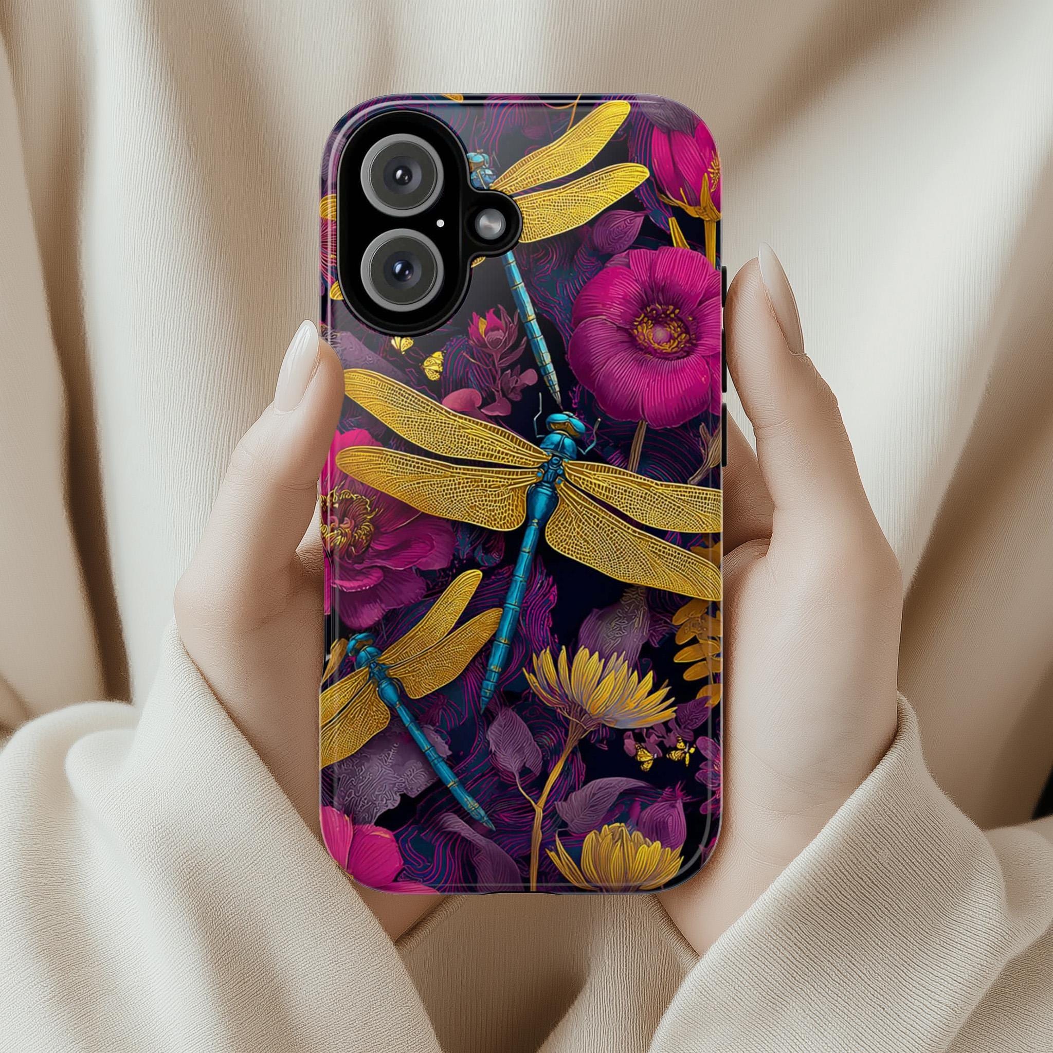 Dragonfly & Flowers Phone Case, Colorful  Artistic Nature Cover, Elegant Botanical Phone Case for iPhone Tough or Magsafe, Samsung, 476.22