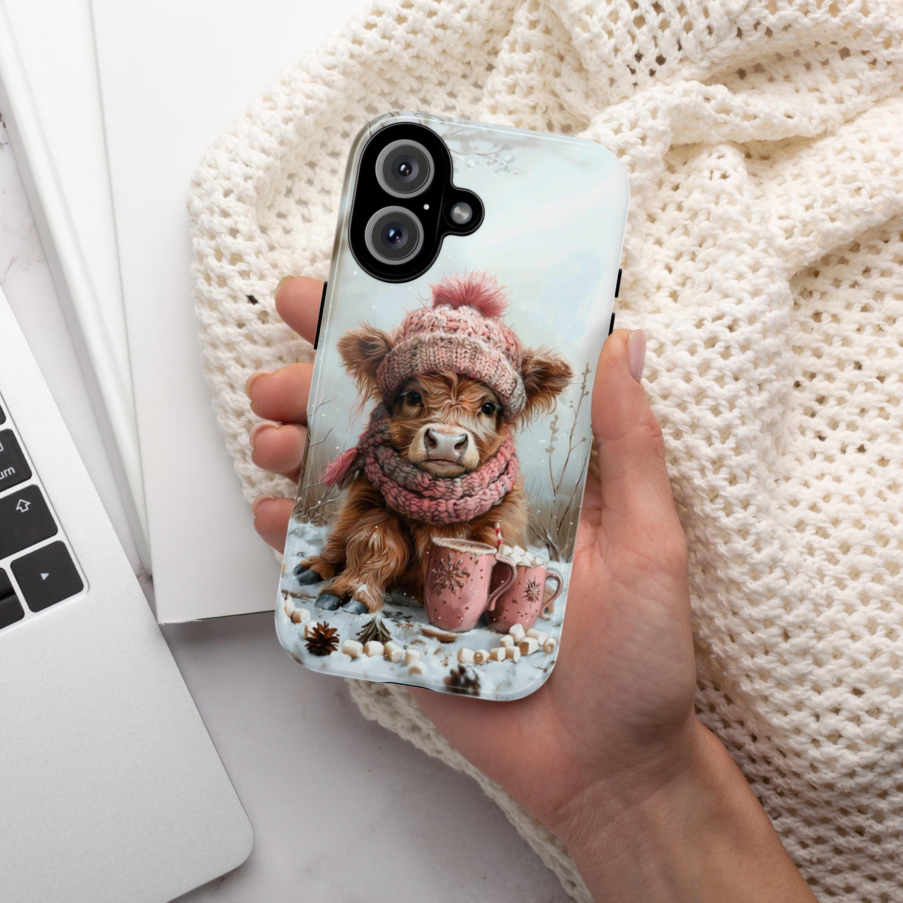 Cute Highland Cow & Winter Forest Phone Case, Festive Xmas Hot Chocolate Marshmellow iPhone 16 15 14 13 Pro Max Plus, Samsung S24, 440.1