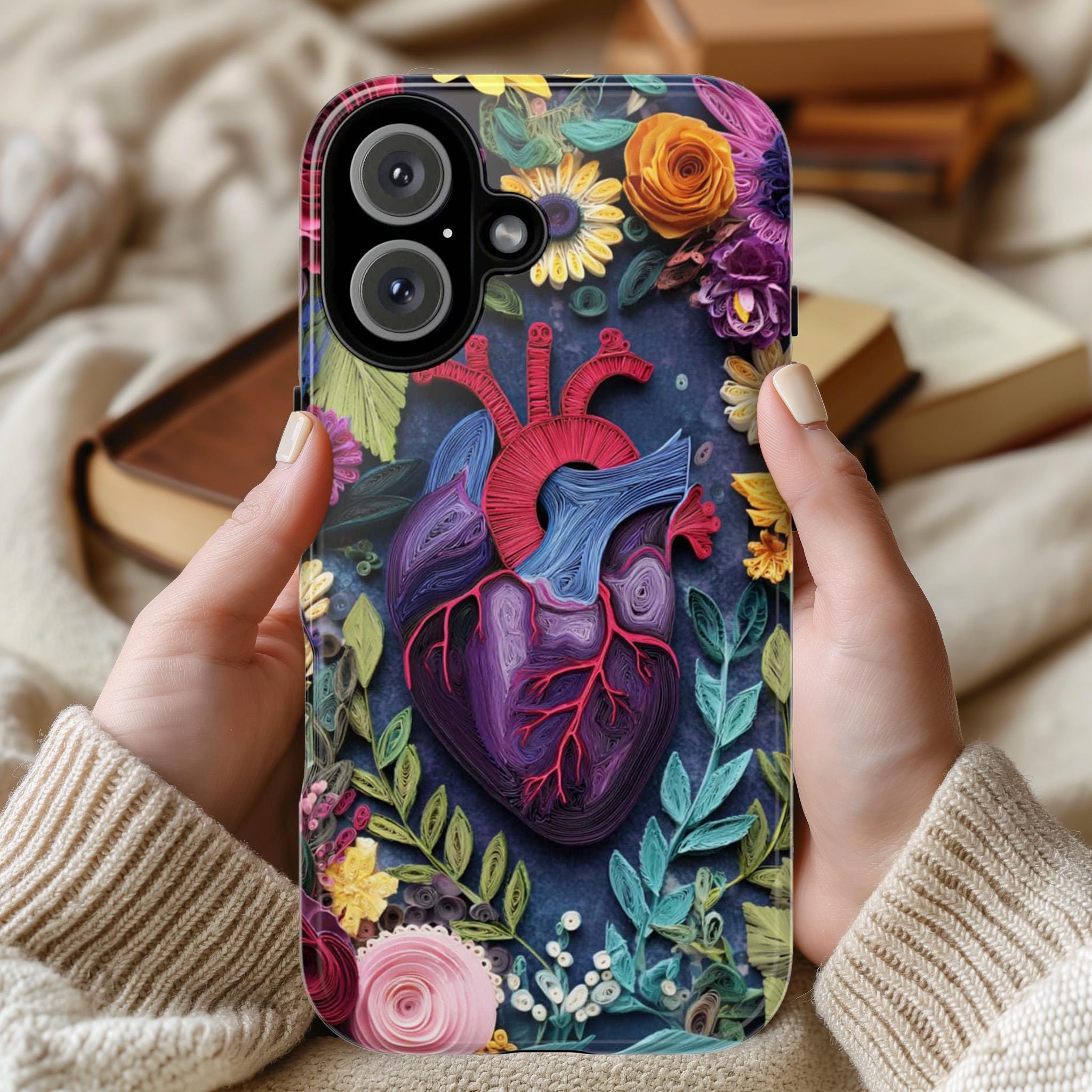 Anatomy Heart & Floral Quilling Paper Art 3D Phone Case, Artistic Nature Cover for iPhone 16 15 14 Tough or Magsafe, Samsung, 470.18