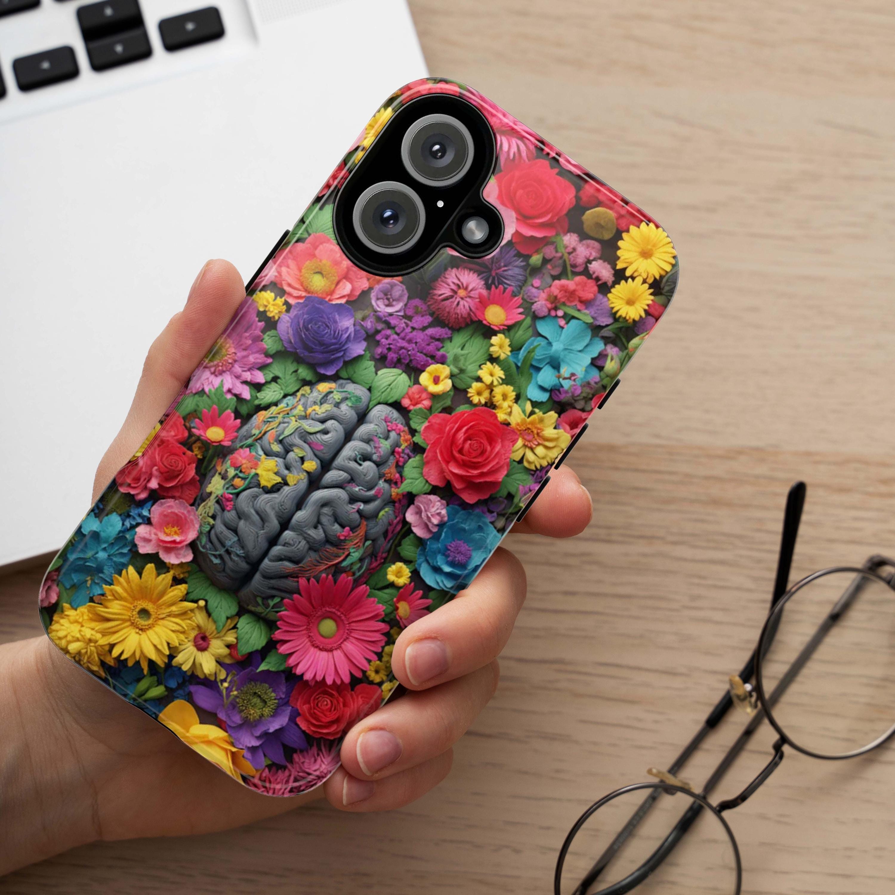 Vibrant Human Brain Floral Phone Case, Botanical Design with Daisies & Roses, Medical Case for iPhone 17 16 Tough or Magsafe, Samsung, 430.4