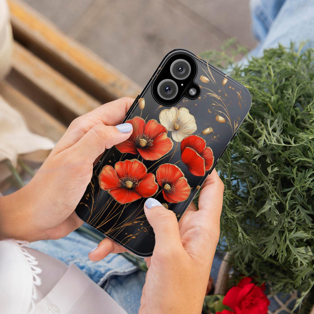 Elegant Poppy Phone Case with Gold, Red, and White Accents, Perfect for Flower Lovers Phone Case for iPhone 16, 15 Magsafe, Samsung, 459.4