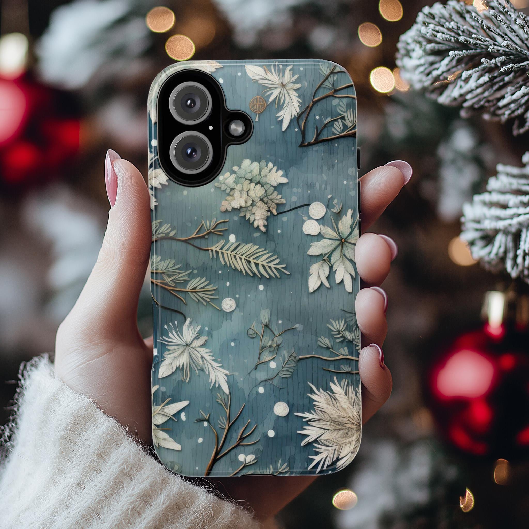 Winter Snowy Xmas iPhone Case, Holiday Winter Christmas Pattern Phone Cover for iPhone 15 14 13 12 11 8 Pro Max Plus, Galaxy S25, 411.11