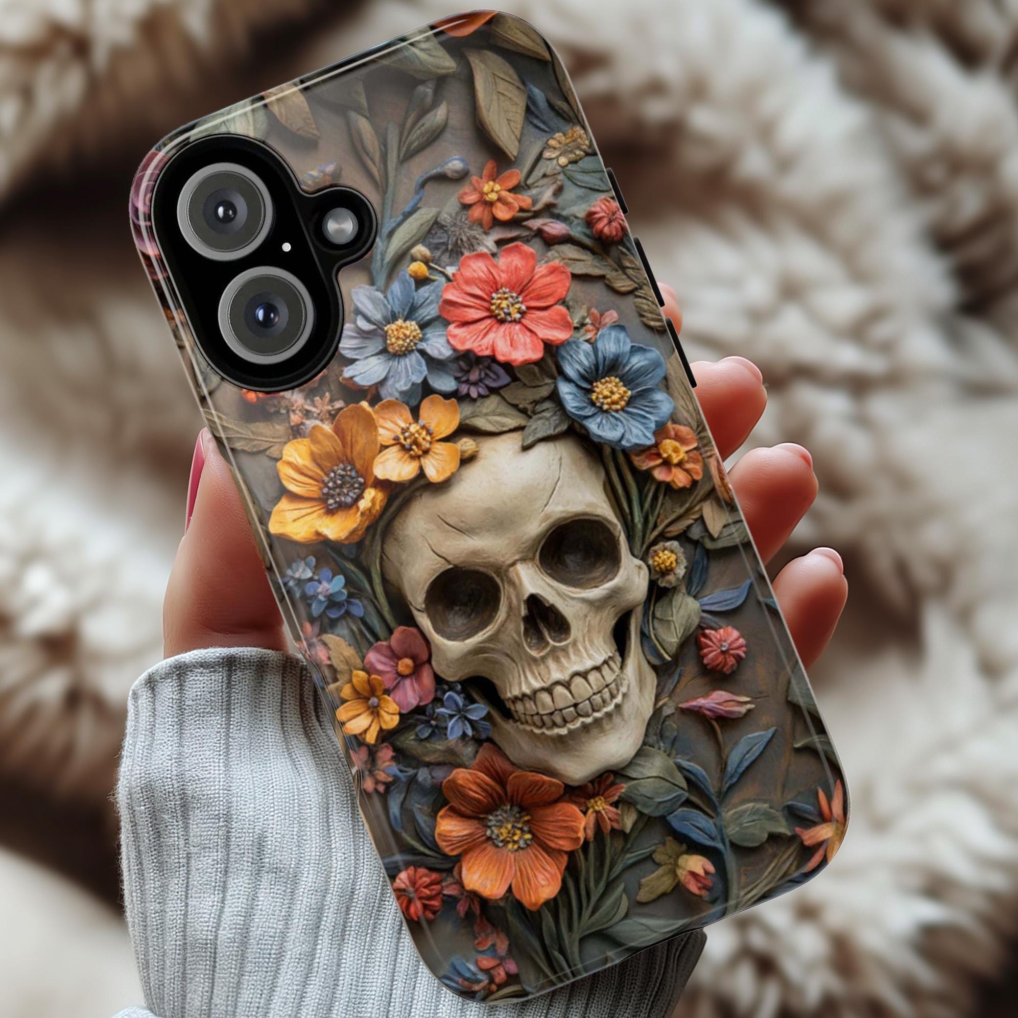 3D Dia de los Muertos Flora Skull Phone Case, Anatomical Gothic Botanical Phone, Halloween-Inspired Cover for iPhone & Samsung, 435.4
