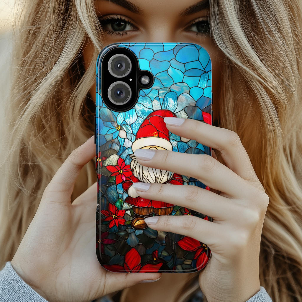 Holiday Santa & Poinsettia Stained Glass Winter Phone Case, Xmas Gnome and Floral Design MagSafe for iPhone 16 15 14 13, Samsung S24, 427.7