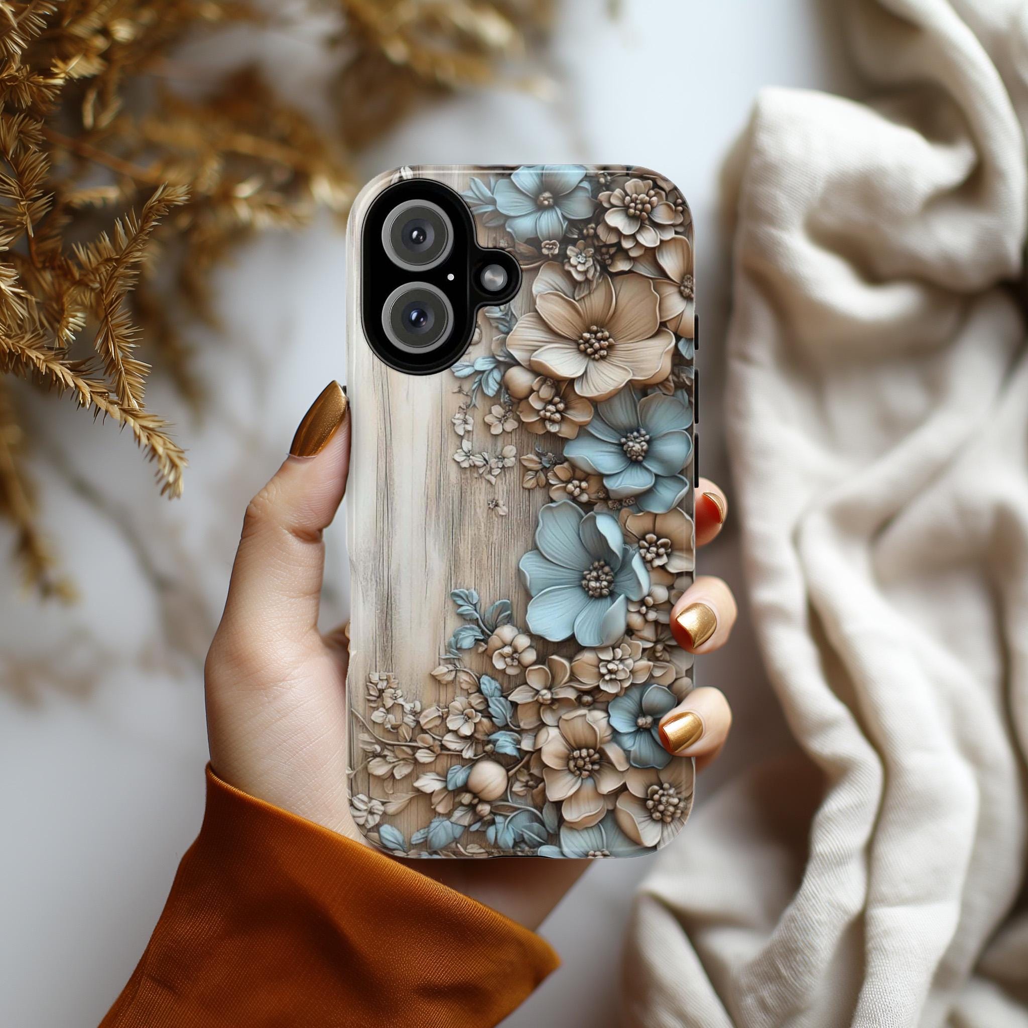 3D Pastel Flowers Art Wood-Carved Phone Case, Elegant Floral Design Phone Cover for iPhone 16 15 Pro Max Plus, Samsung S24, 439.41