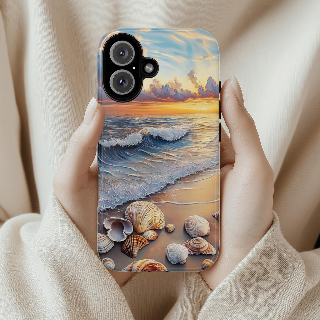 Ocean Sunset Seashell Wave Phone Cover, Coastal Beach Aesthetic Phone Case for iPhone 16, 15, 14, 13 Tough Magsafe, Samsung S25, 455.15