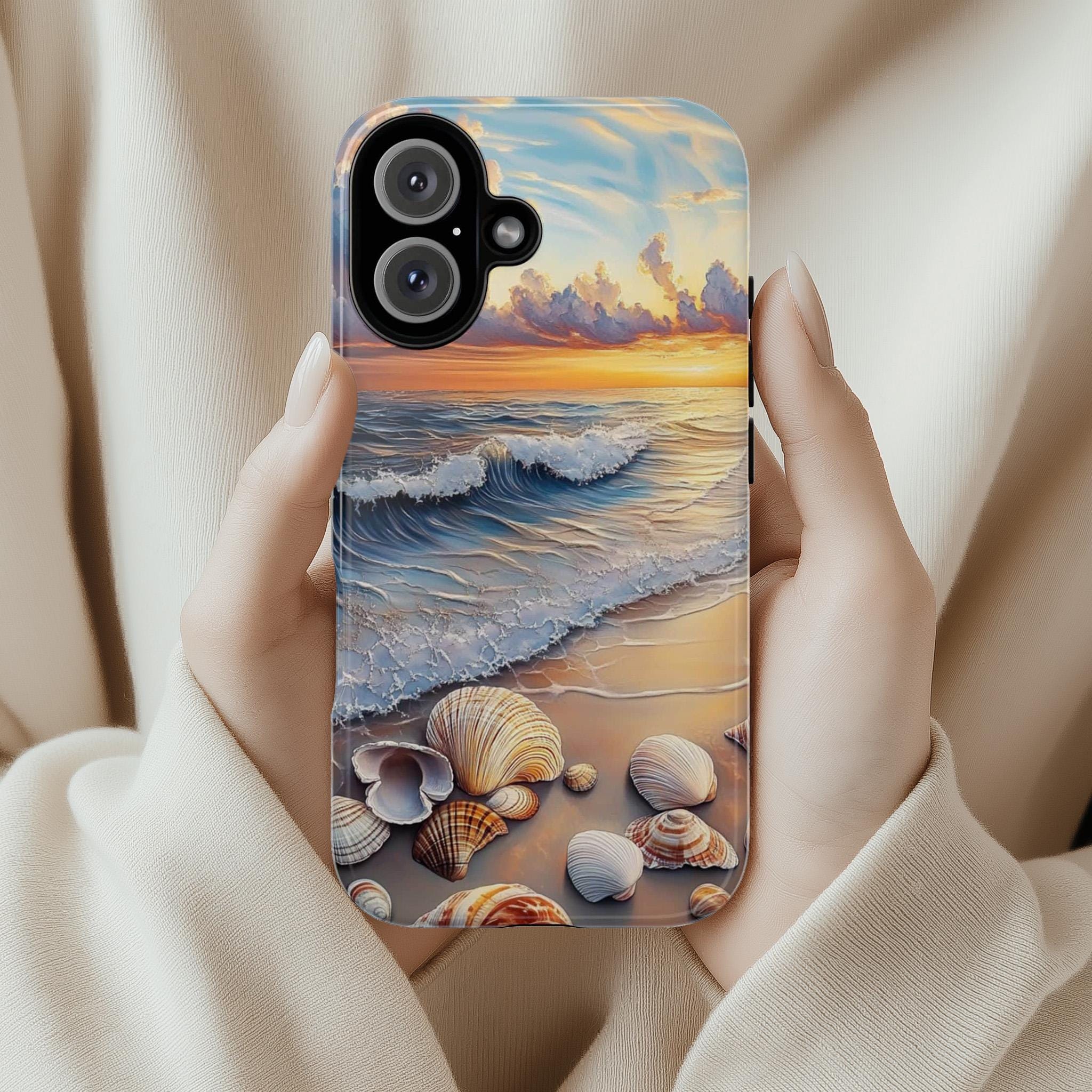Ocean Sunset Seashell Wave Phone Cover, Coastal Beach Aesthetic Phone Case for iPhone 16, 15, 14, 13 Tough Magsafe, Samsung S25, 455.15