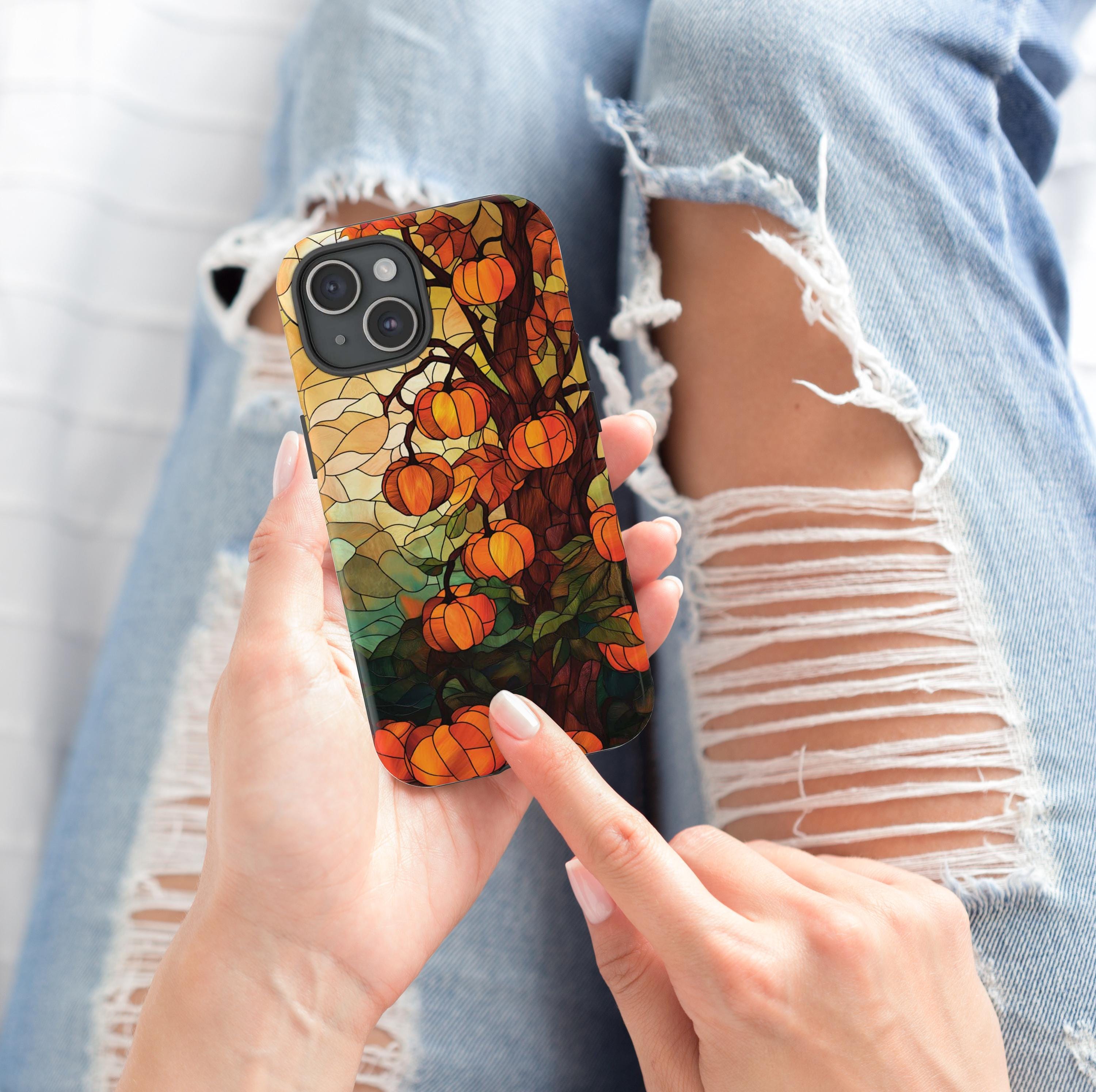 Witchy Pumpkins Phone Case Halloween Lover Phone Cover Fall Stained Glass Gift for iPhone 16 15 14 13 12 11 8 Galaxy S 24 23 22 21 20 Pixel