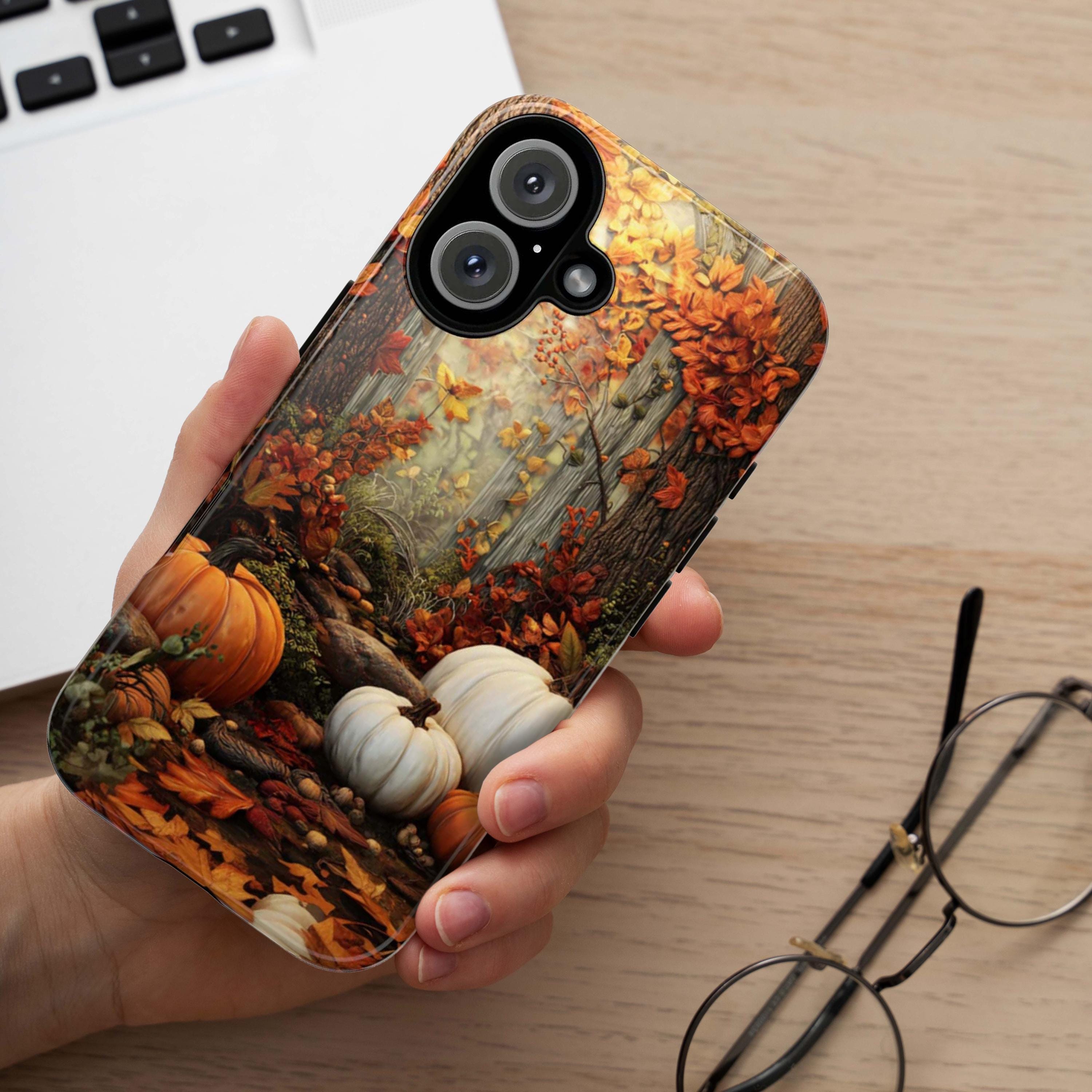 Autumn Forest Pumpkin Phone Case with Fall Leaves Design, Thanksgiving Phone Cover for iPhone 16 15 Tough or Magsafe, Samsung, 475.23