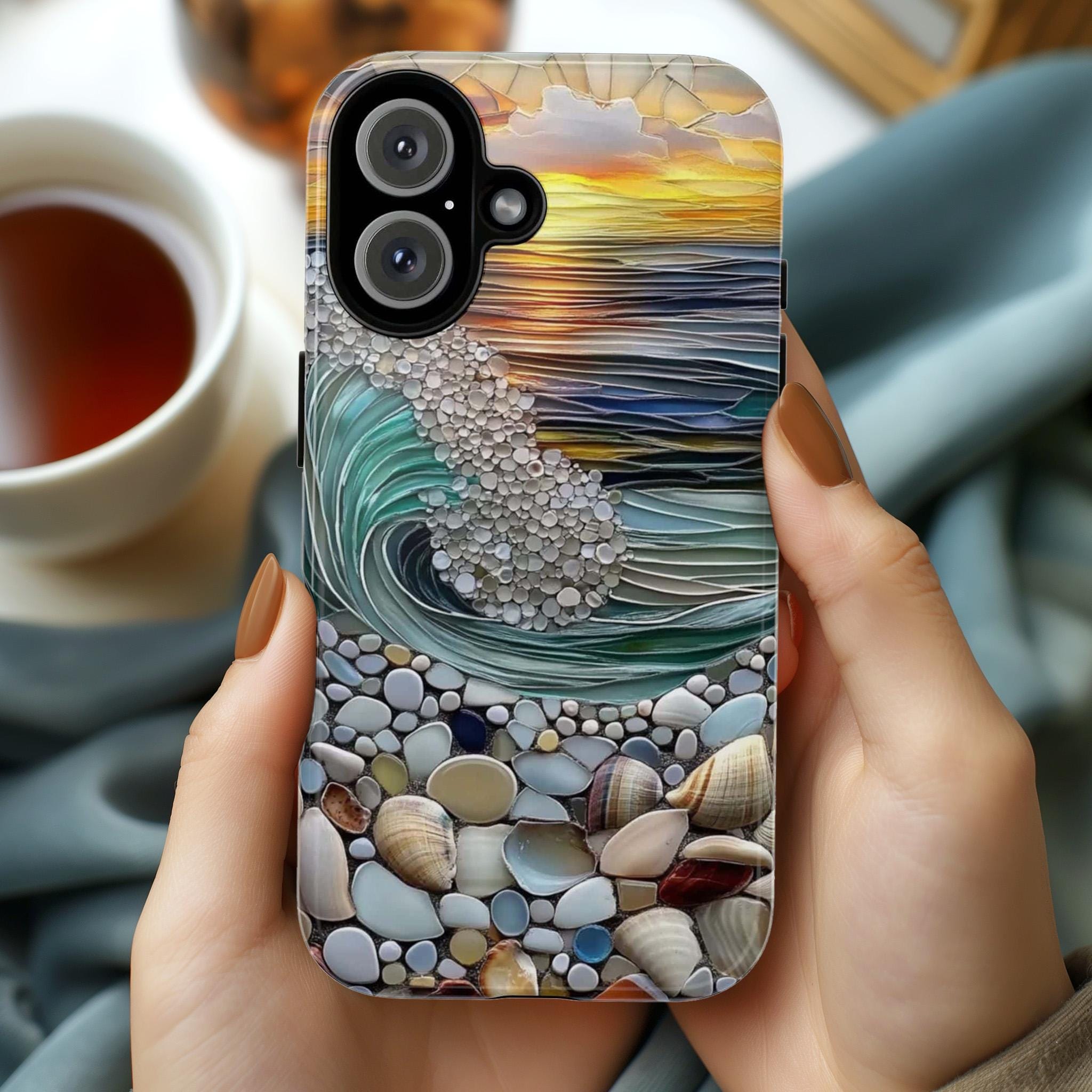 Summer Ocean Sunset Phone Case,  Stained Glass Effect Shell Design, Beach Vibes Coastal Art Cover for iPhone Touhg or Magsafe, 455.16