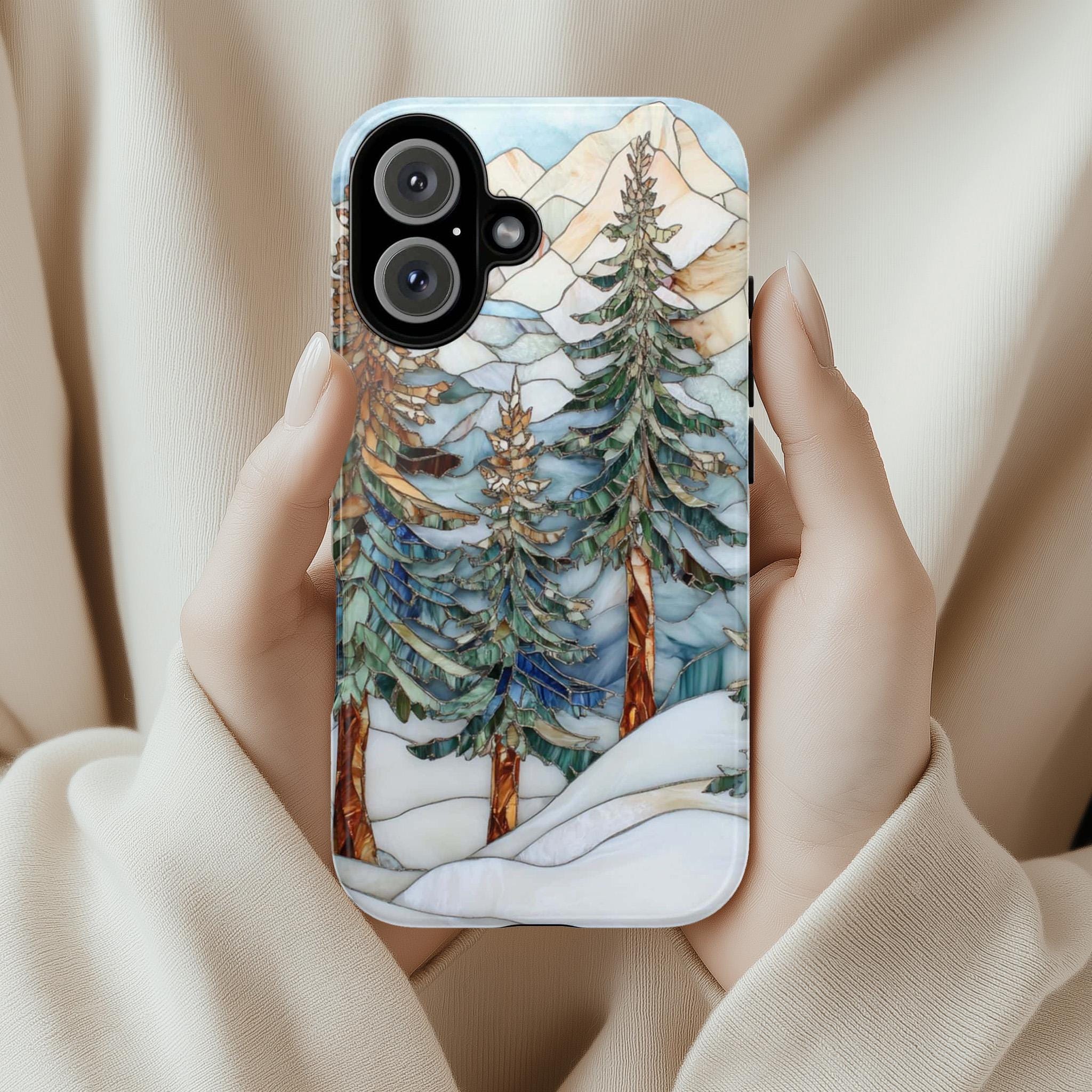 Winter Landscape Pine Trees Stained Glass Effect Phone Case, Xmas Phone Cover for iPhone 16 15 14 13 Pro Max Plus Magsafe, Galaxy S25, 420.2