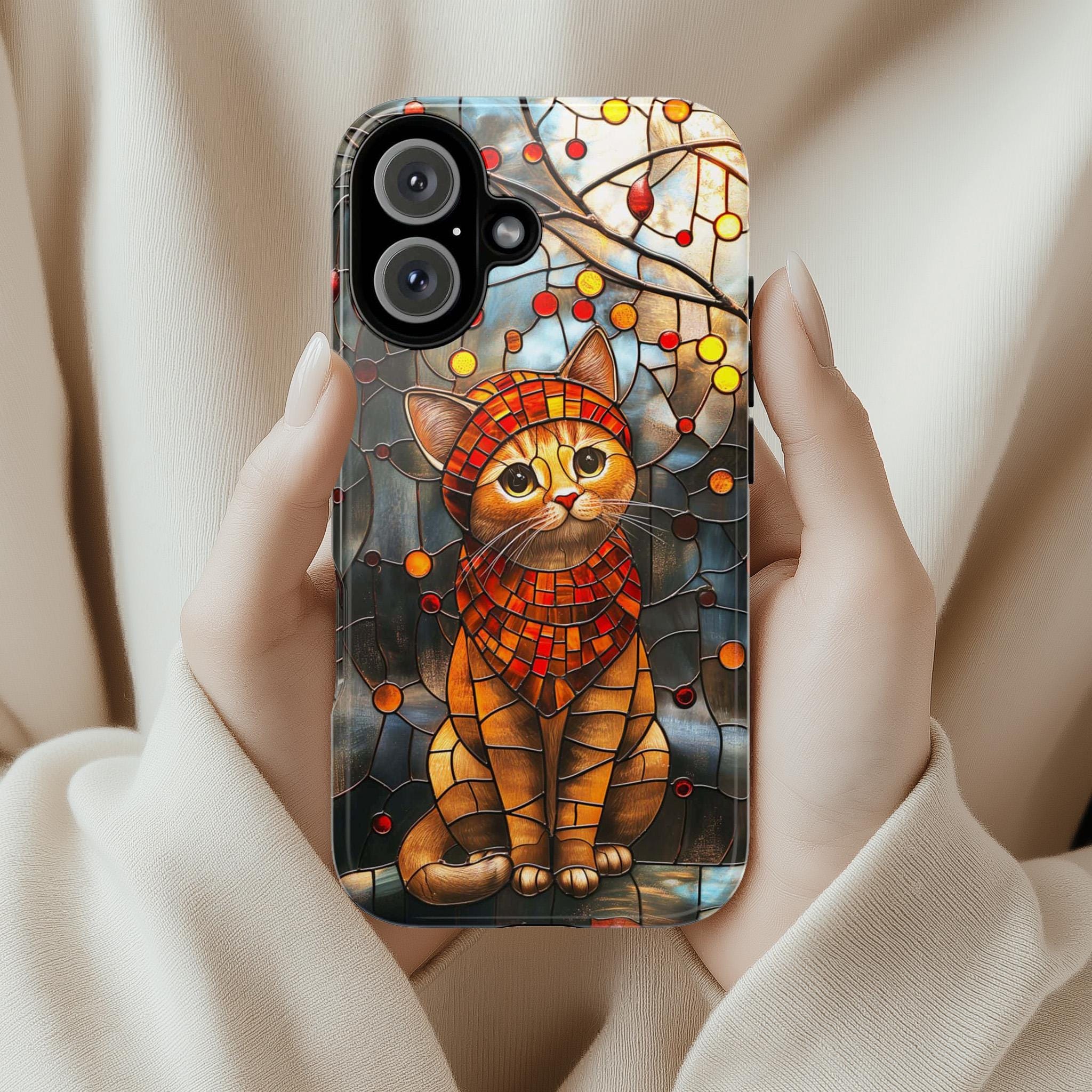 Vibrant Stained Glass Phone case  with Adorable Cat, Cat Lover Gift for iPhone 16 Pro Max 15 14 13 Plus, Samsung S25 Ultra, 416.3