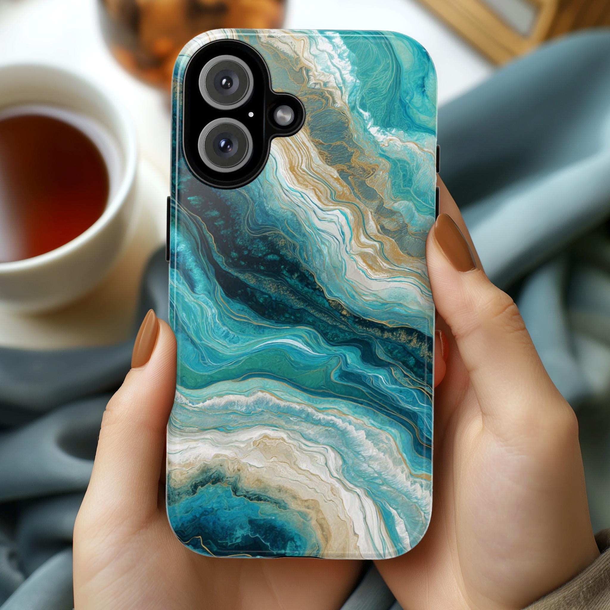 Elegant Bold Marble Phone Case in Blue Teal Tones, Stylish Protective Cover for iPhone and Android, Chic Modern Aesthetic Accessory, 479.3
