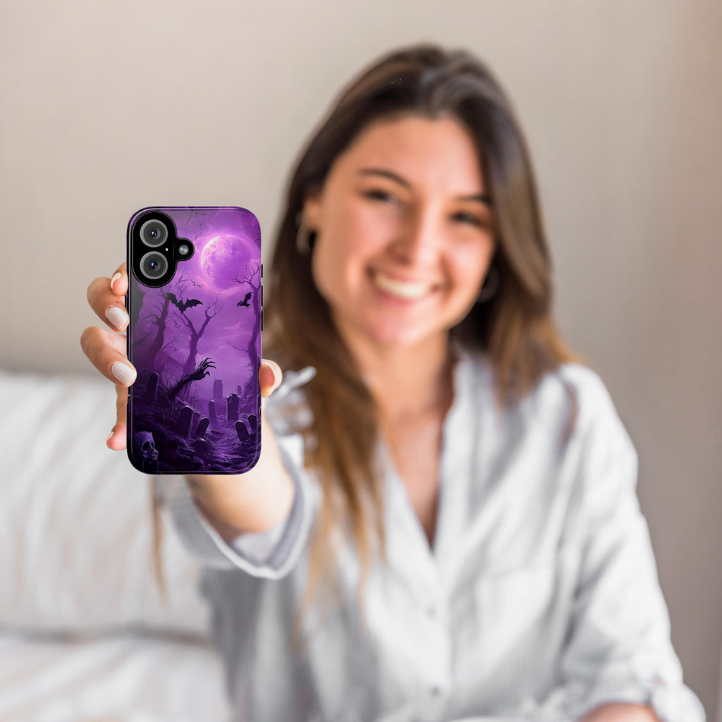 Mystic Halloween Phone Case, Skull & Full Moon Case, Purple Spooky Gothic Cover for iPhone 16 15 14 Tough or Magsafe, Samsung, 475.3