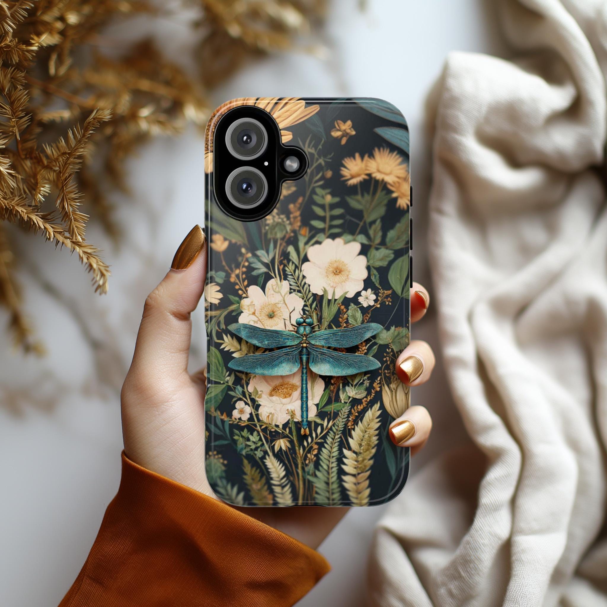 Botanical Dragonfly Phone Case with Greenery Design, Nature Inspired Plant Insect Art Romantic Vintage Cover for iPhone & Samsung, 476.23