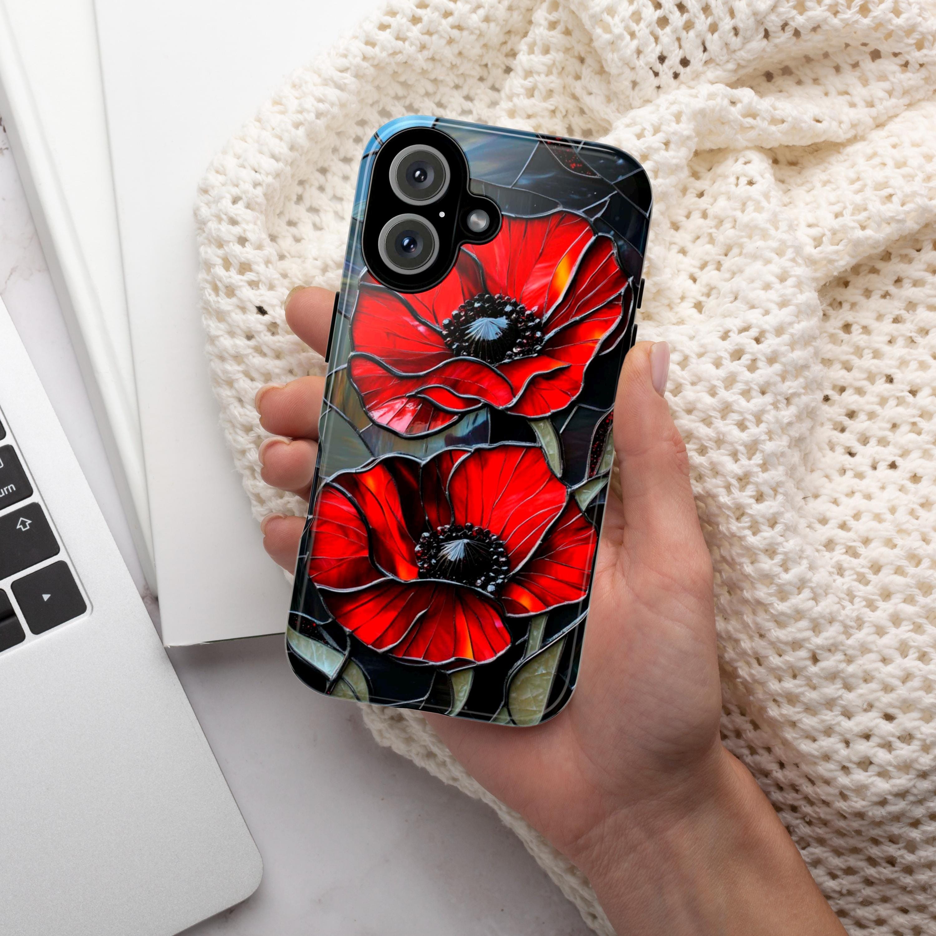 Stained Glass Red Poppies Phone Case, Mosaic Vibrant Red Poppy MagSafe Case for iPhone 16 15 14 13 Tough or MagSafe, Samsung S25, 418.17