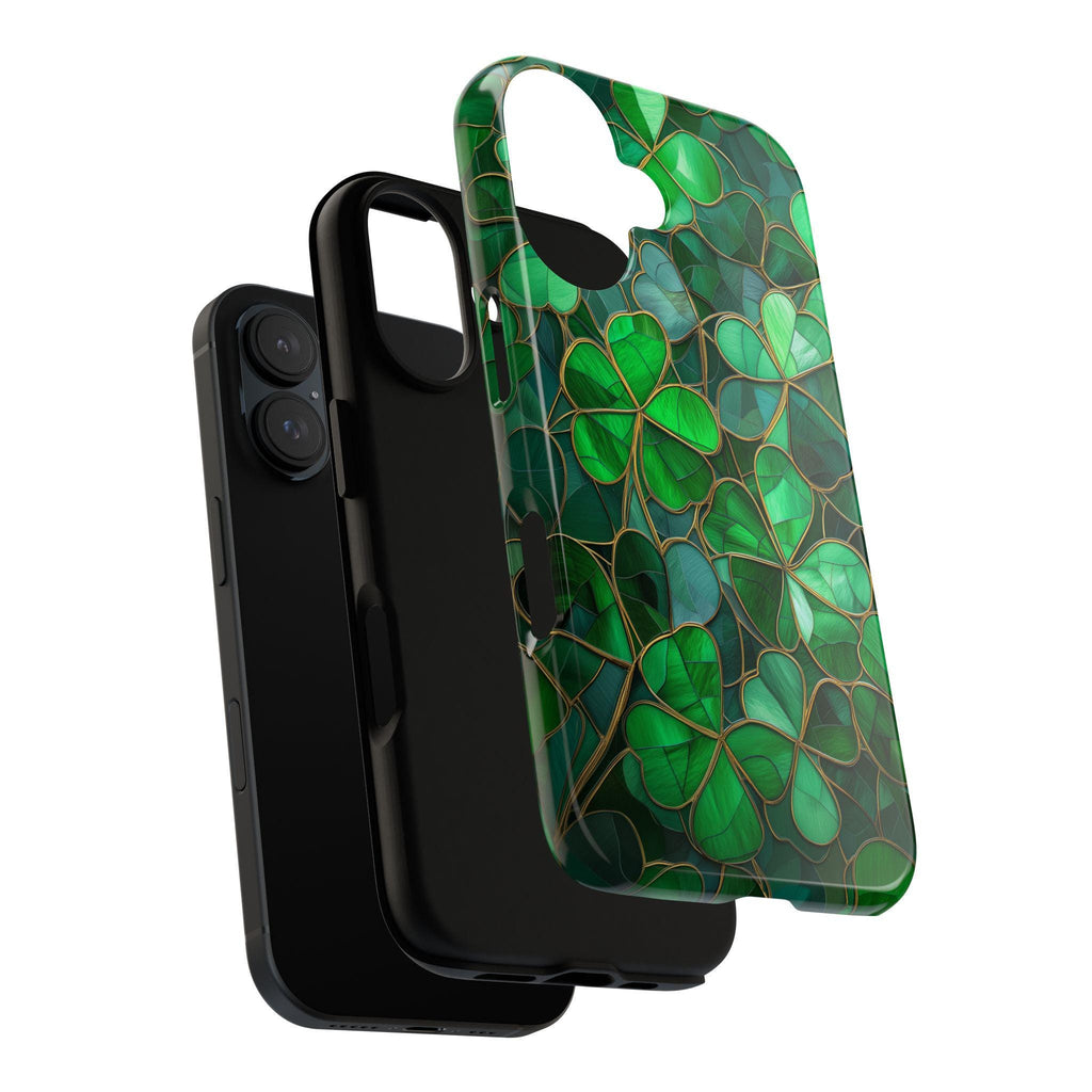 Stained Glass Shamrocks Phone Case, St Patrick's Day Irish Holiday Phone Cover for iPhone 16 15 14 13 Pro Magsafe Samsung Galaxy S24, 457,6