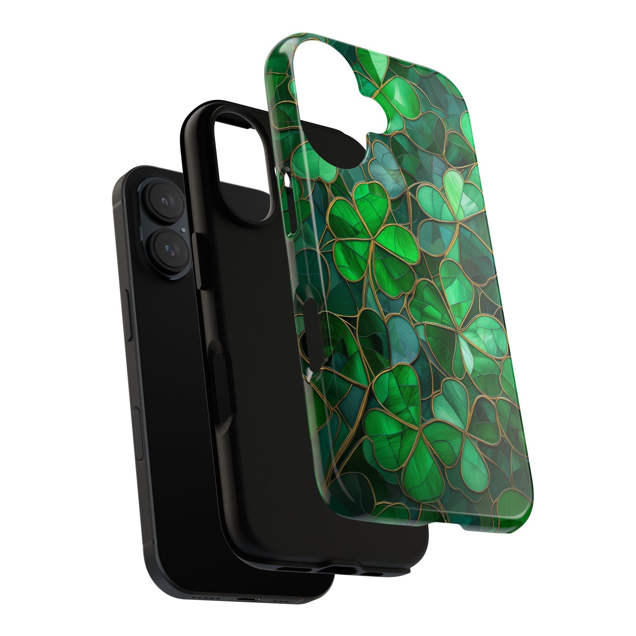 Stained Glass Shamrocks Phone Case, St Patrick's Day Irish Holiday Phone Cover for iPhone 16 15 14 13 Pro Magsafe Samsung Galaxy S24, 457,6