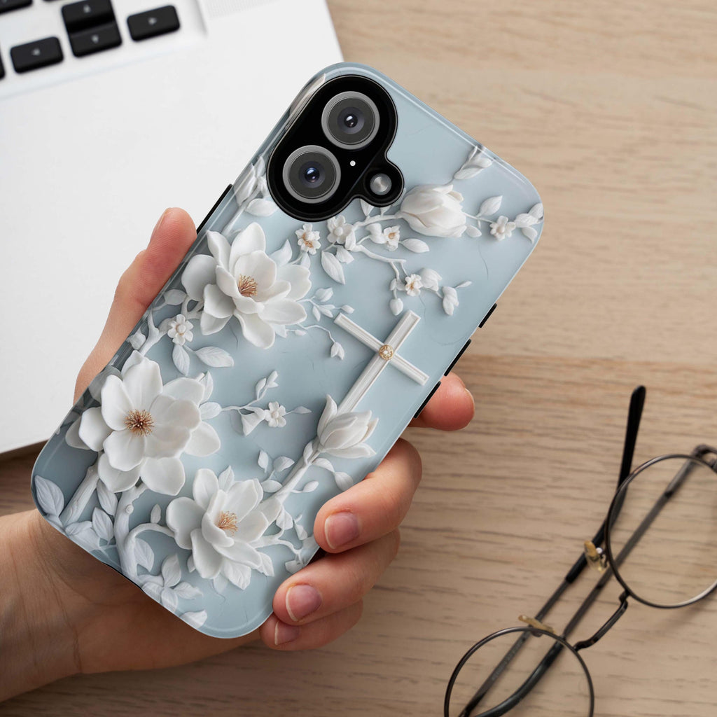 Christian White Cross Floral Phone Case, Elegant Faith Art Cover, Charm Floral Case iPhone 16 15 14 13 Tough or Magsafe, Samsung S25, 472.6