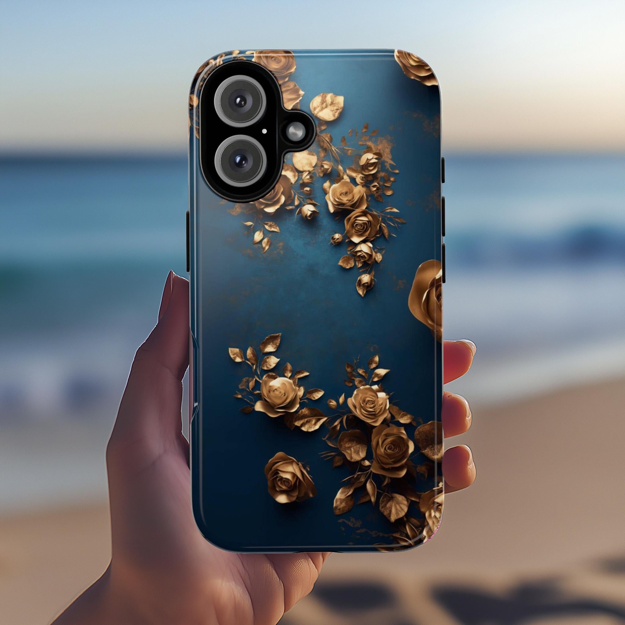 3D Golden Roses Elegant Blue Background Phone Case | Aeasthetic Design for iPhone 16 Pro Max 15 14 13 Mag Safe, Samsung S25 Ultra, 428.8