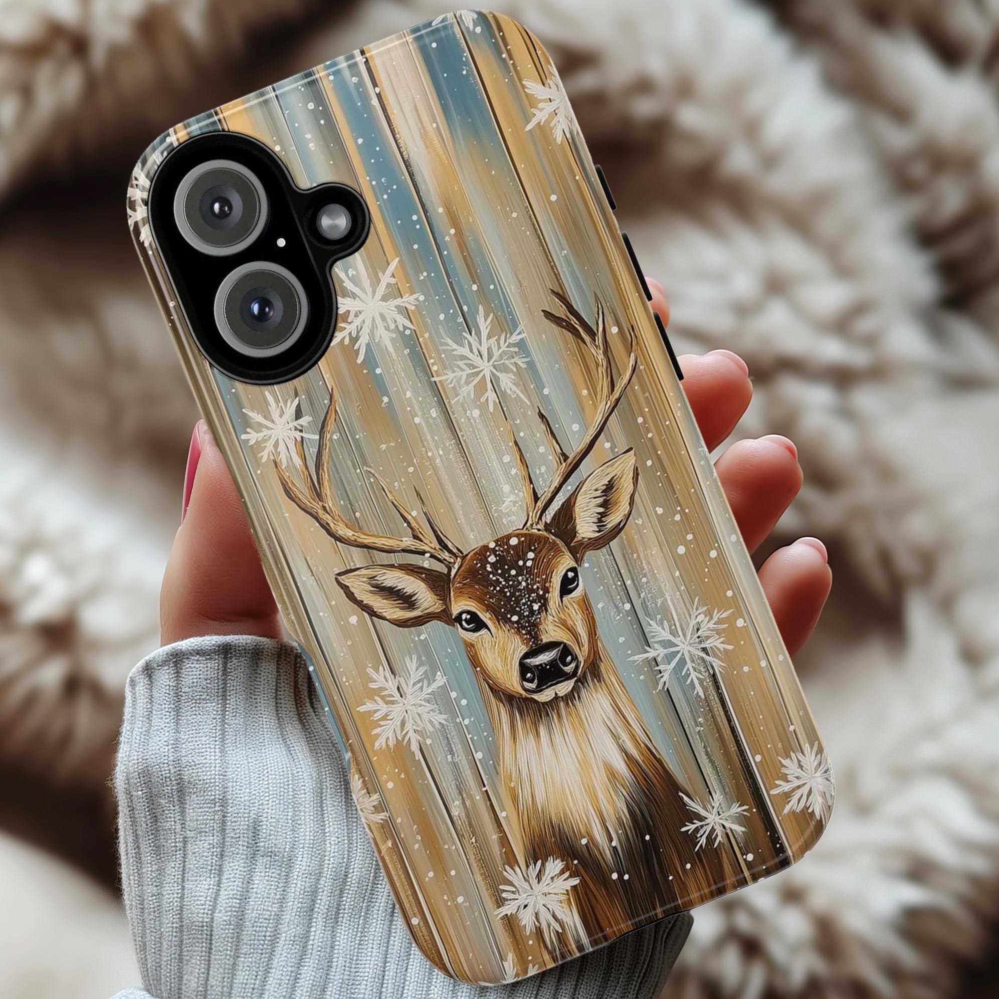 Christmas Reindeer Phone Case | Snowy Golden White Holiday Design, Xmas Cover for iPhone 17 16 15 Tough or Magsafe, Samsung, 440.7
