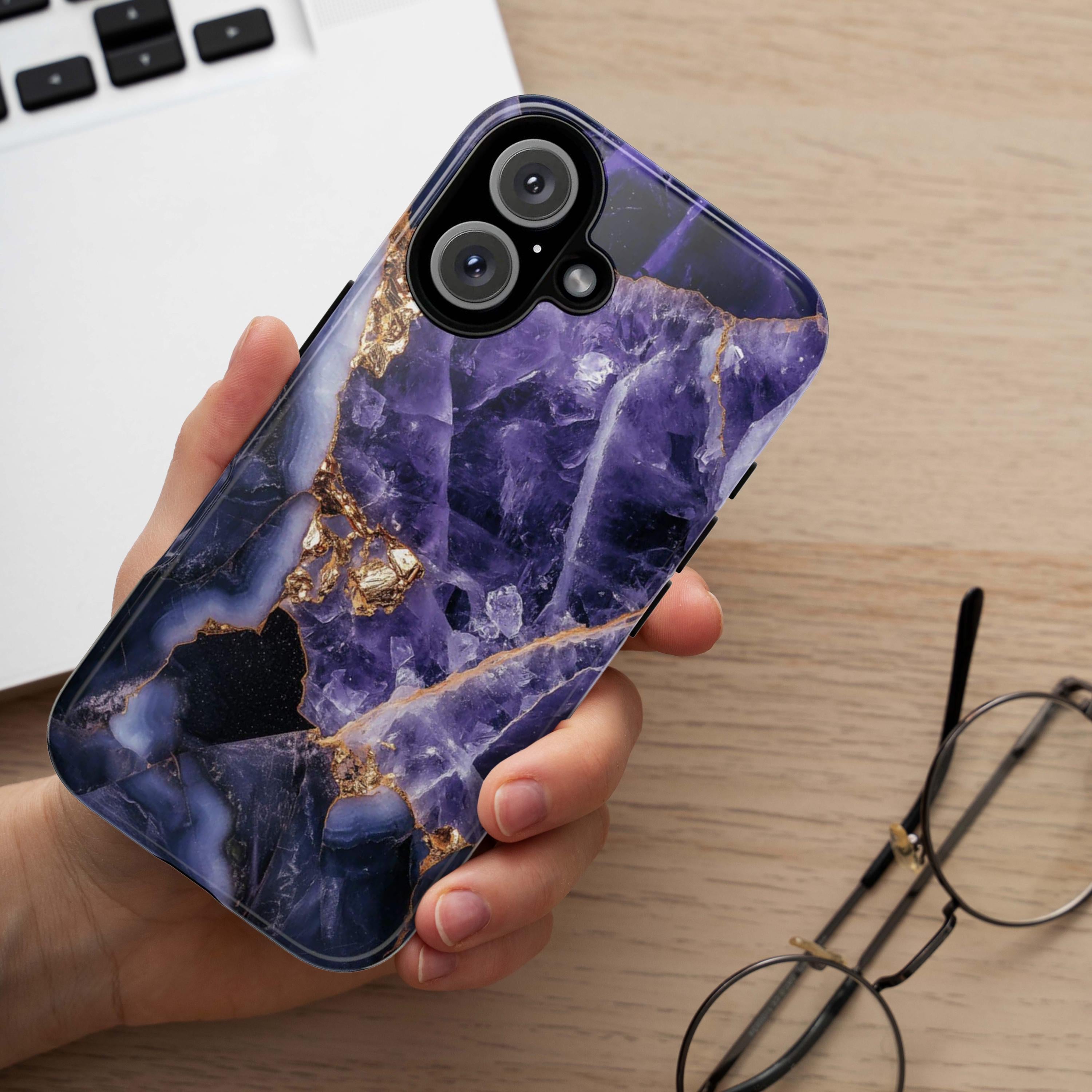 Purple Mineral Amethyst Phone Case with Gold, Aesthetic Lilac Amethyst Cover, Elegant Protective Cover for iPhone & Android Devices, 438.7