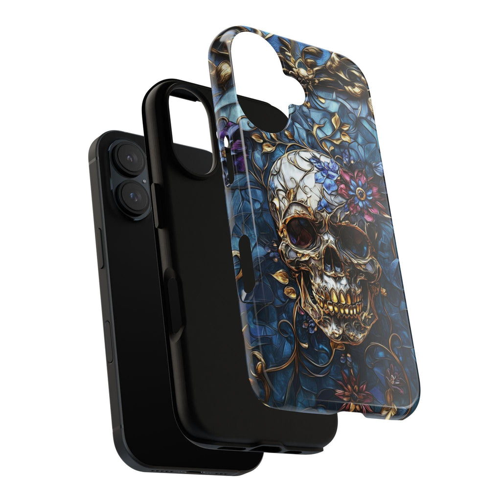 Stained Glass Dark Gothic Skull & Floral Phone Case, Dia de los Muertos Art Design Tough or Magsafe Phone Case for iPhone 16, Samsung, 465.5