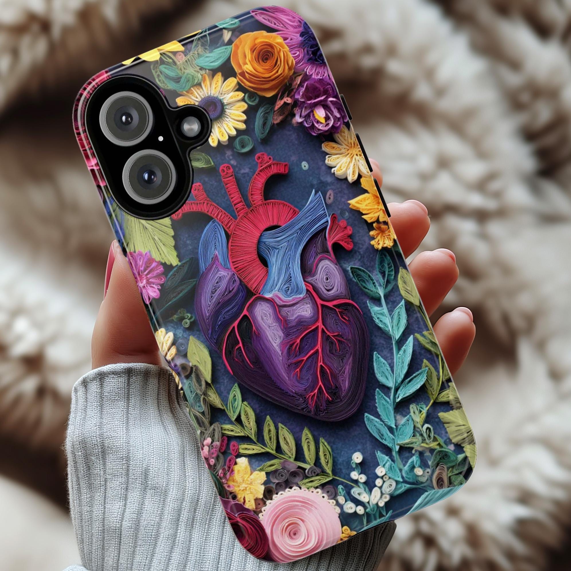 Anatomy Heart & Floral Quilling Paper Art 3D Phone Case, Artistic Nature Cover for iPhone 16 15 14 Tough or Magsafe, Samsung, 470.18