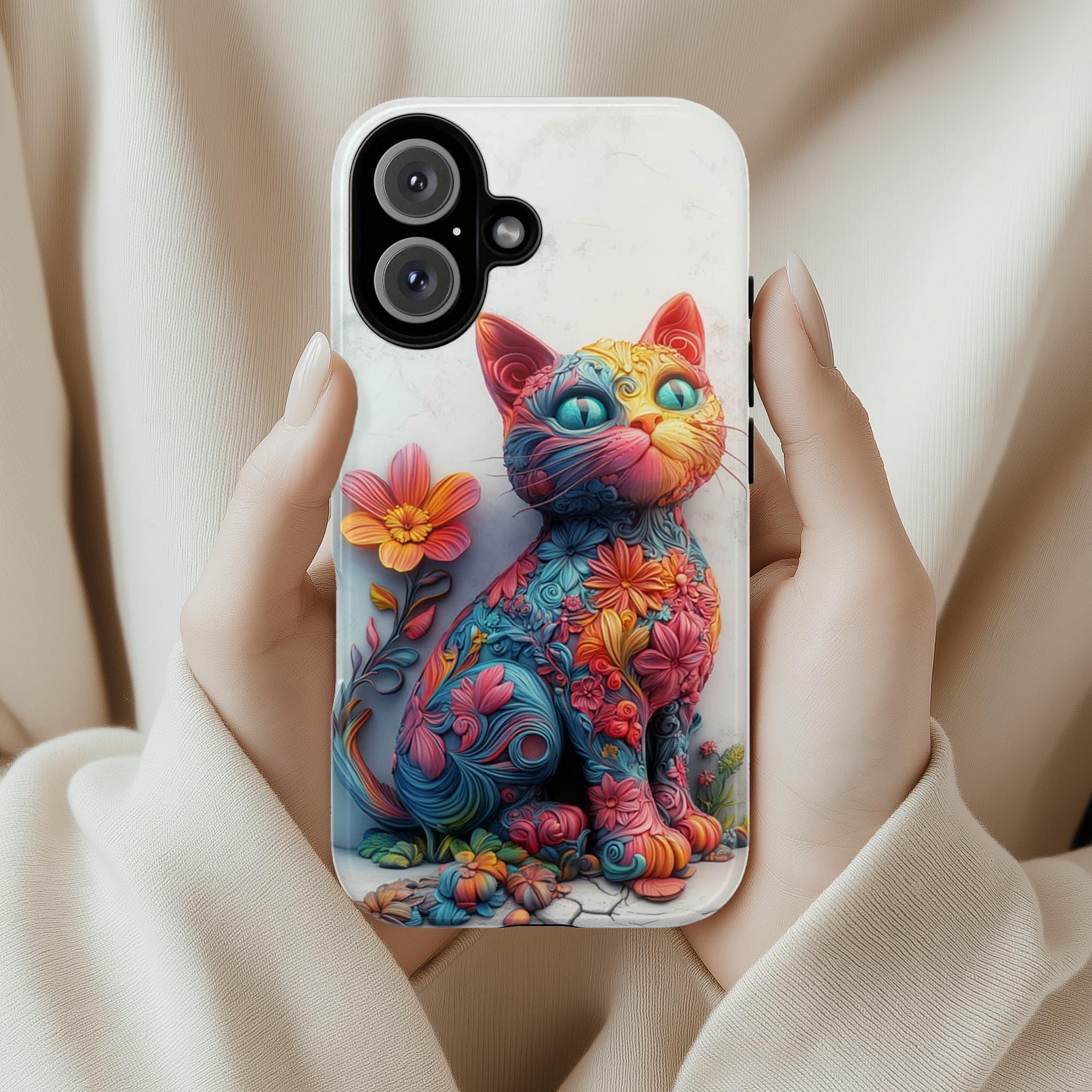 Colorful Floral Cat 3D MagSafe Phone Case, Abstract Fantasy Cat & Flowers iPhone 16 15 14 13 12 Pro Max Plus / Samsung S24, 439.11
