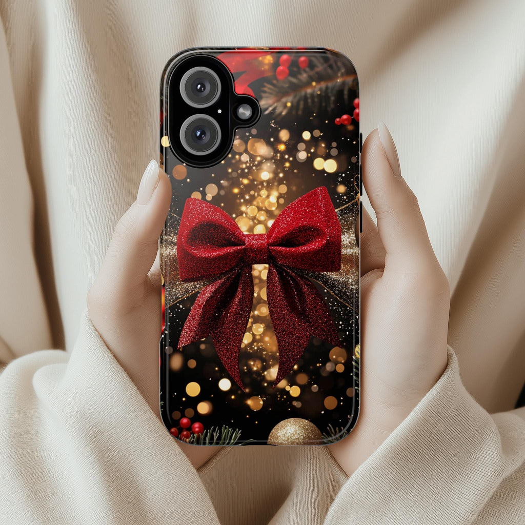 New Year's Eve party Phone Case | Red Gold Glitter Bow Phone Cover, Luxury Bow for iPhone 16 15 14 13 Magsafe of Tough Case, Samsung, 437.6