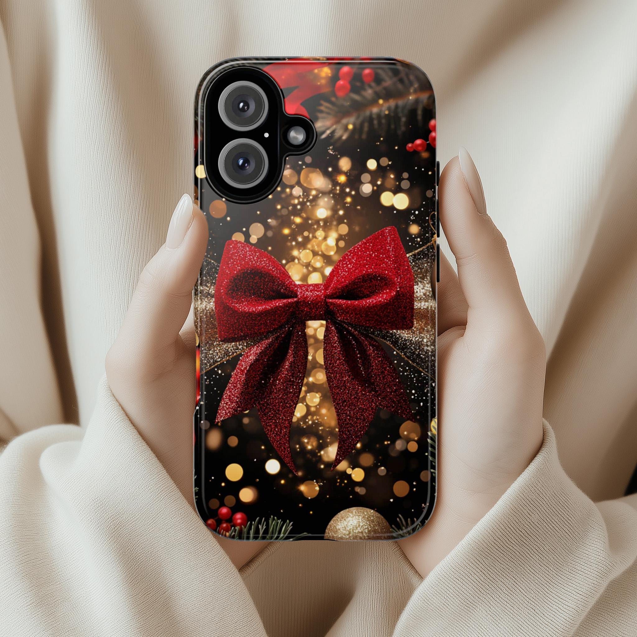 New Year's Eve party Phone Case | Red Gold Glitter Bow Phone Cover, Luxury Bow for iPhone 16 15 14 13 Magsafe of Tough Case, Samsung, 437.6