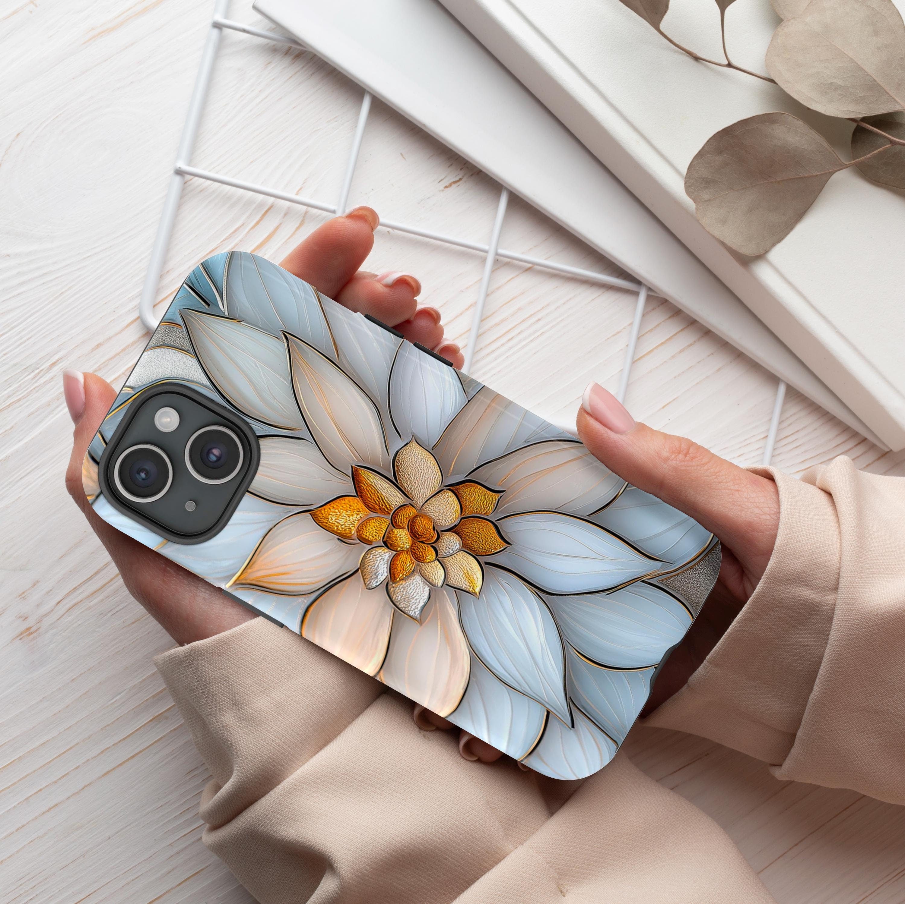 Stained Glass Illusion Pastel Floral  Print Tough Phone Case for iPhone 16 15 14 13 12 11 Pro Max Plus / Samsung Galaxy S25, JAY0012