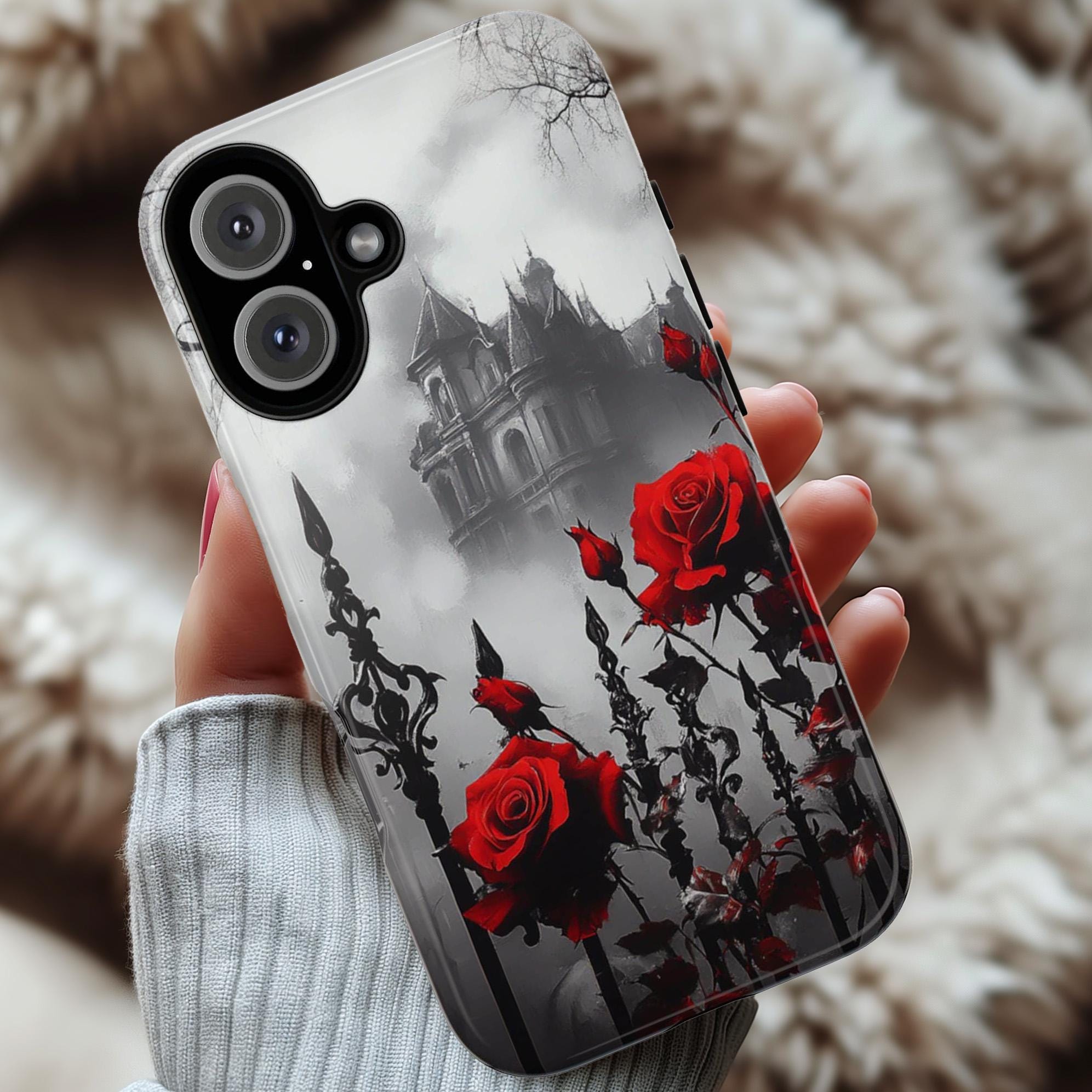 Gothic Castle & Red Roses Floral Fantasy Art, Dark Aesthetic Design, Elegant Gothic Accessory for iPhone 16, Samsung S25, Pixel 9, 463.4