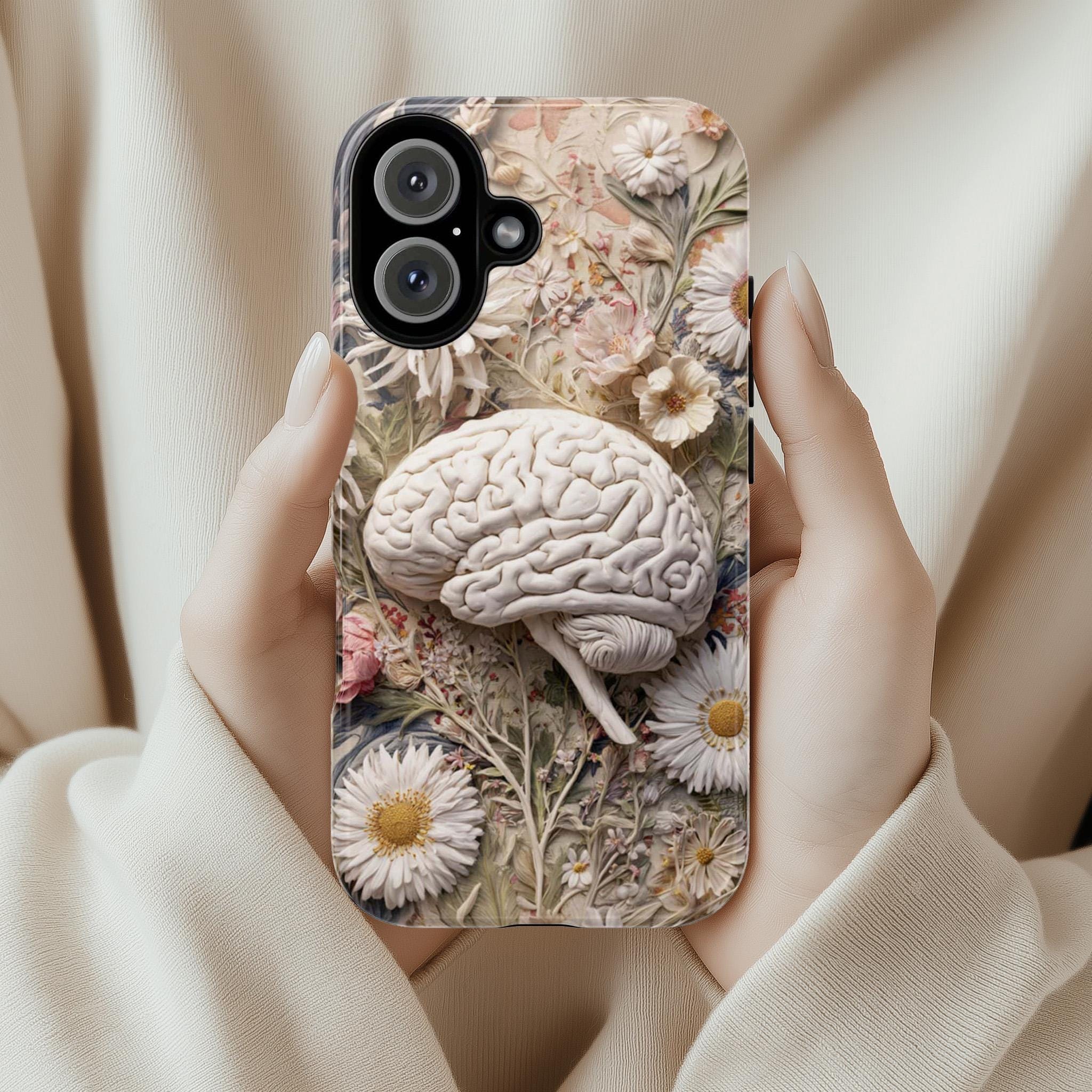 Pastel Anatomical Brain Phone Case with Meadow Florals | Soft Botanical Science Art Case for iPhone 17 16 Tough or Magsafe, Samsung, 430.3