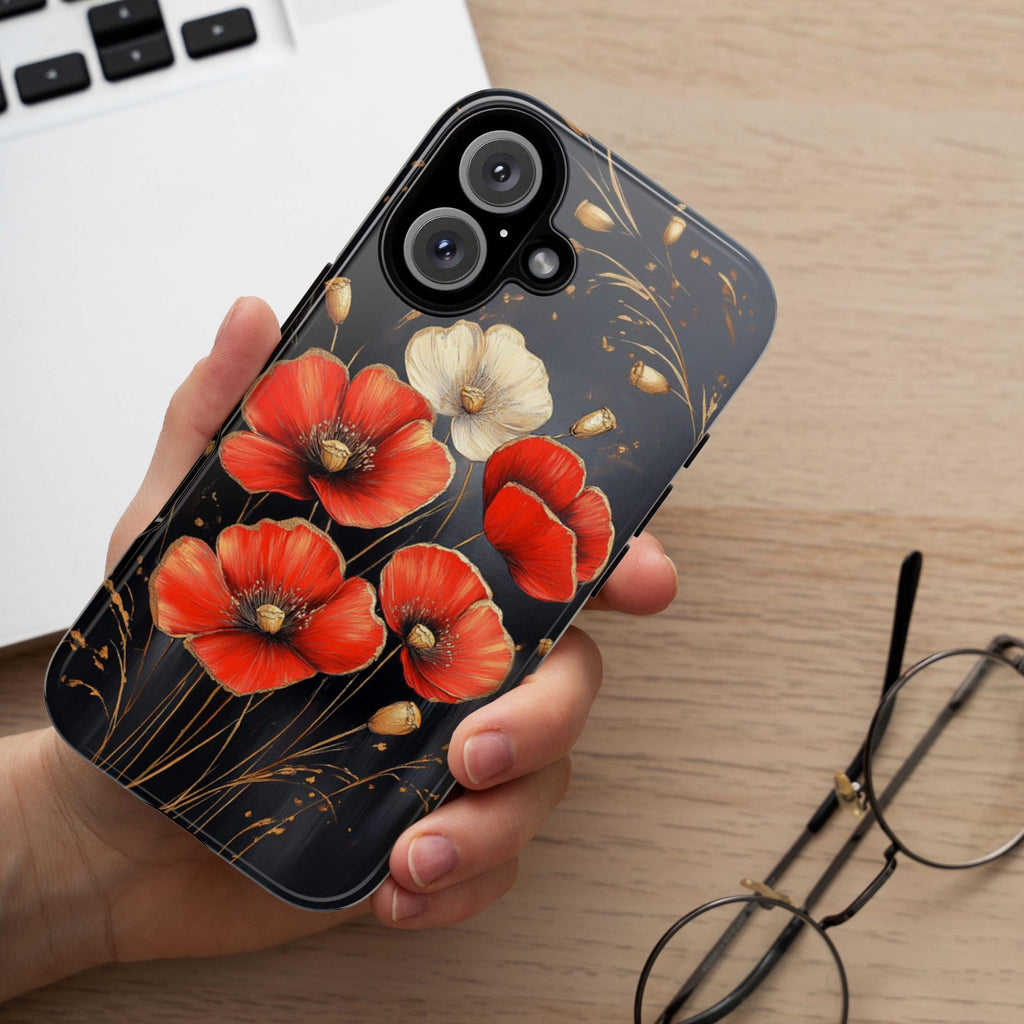 Elegant Poppy Phone Case with Gold, Red, and White Accents, Perfect for Flower Lovers Phone Case for iPhone 16, 15 Magsafe, Samsung, 459.4